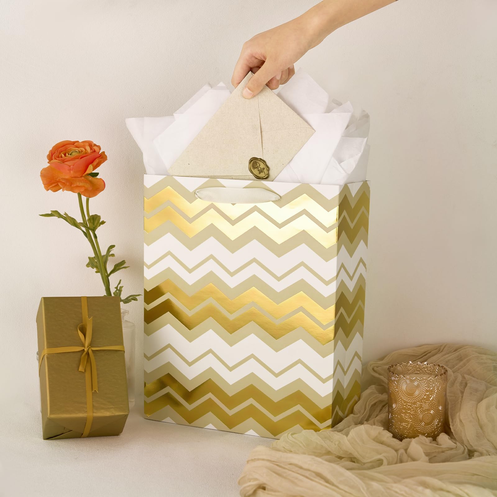 PAPER FAIR Metallic Gold Foil Gift Bags Bulk with White Tissue, 12 Pcs with 4 Unique Patterns: Stars, Polka Dots, Diamonds & Stripes, Large Size 12.5X10X4 inch, Ideal for Christmas Birthday Gift Wrap