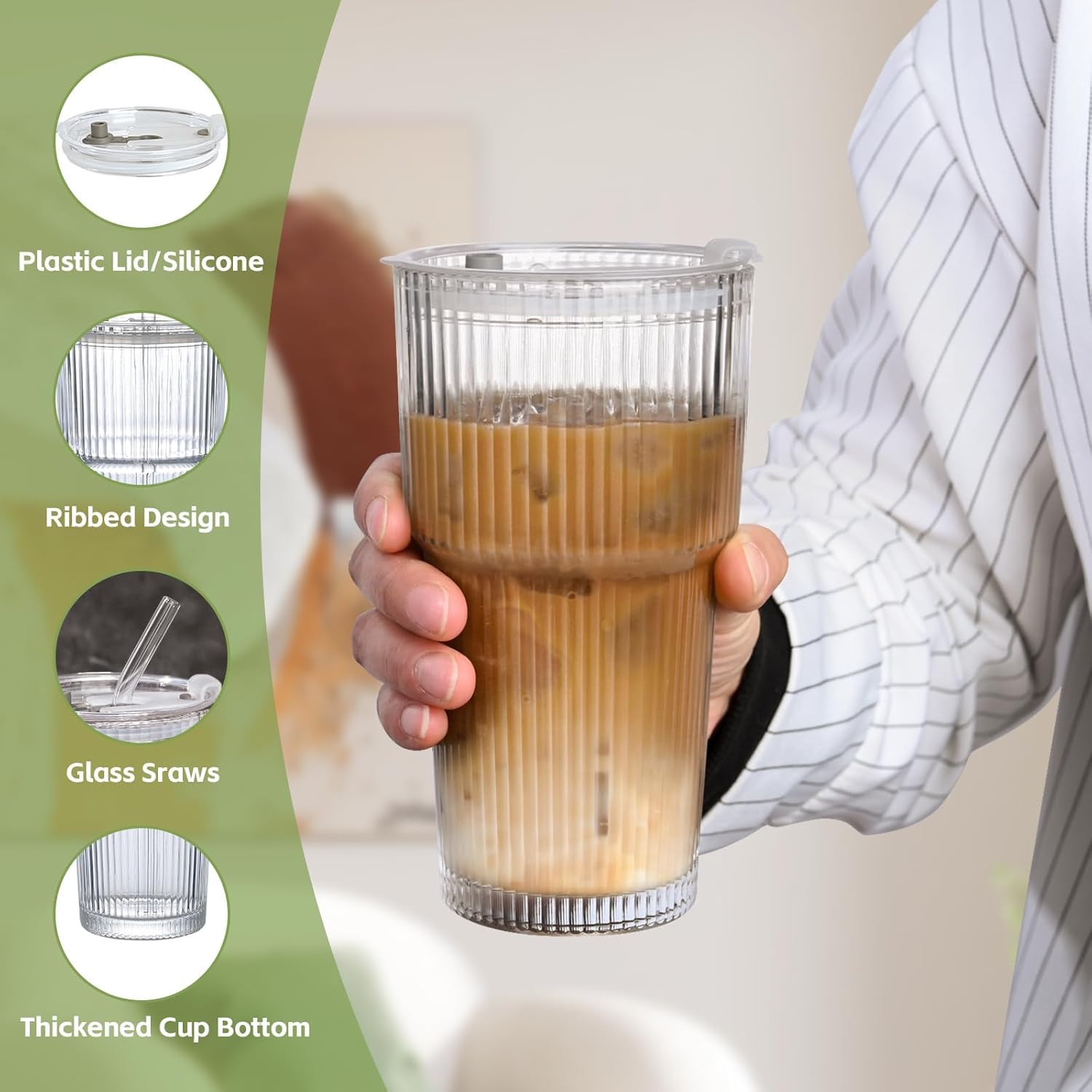 AFINSEA 20OZ Ribbed Glass Cups with Lids and Straws,Iced Coffee Cups with Lid,Vintage Glasses Tumbler Glassware for Whiskey Cocktail Beer Juice（2PCS）