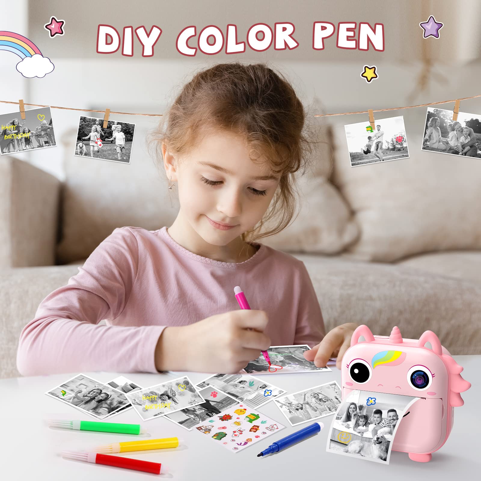 Instant Camera for Kids,Unicorns Kids Camera Instant Print Toys for Girls,Selfie Video Camera for Kids Age 3-12,48MP Digital Camera 32G TF Card&5 Roll Print Paper,Toddler Toys Girls Toys Age 6-8