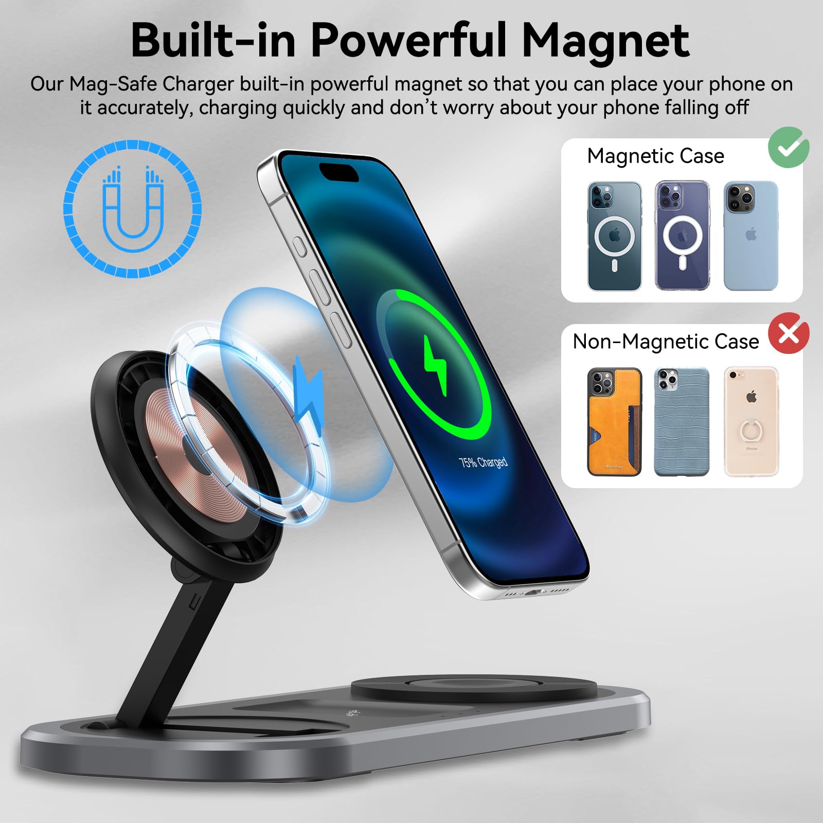 3 in 1 Wireless Charger for iPhone, Foldable Charging Station for Magsafe for iPhone 16/15/14/13/12/Pro Max/Pro/Mini/Plus, Apple Watch 10/9/8/7/SE/6/5/4/3/2/1/Ultra2/Ultra, AirPods pro/2/3/4 (Black)