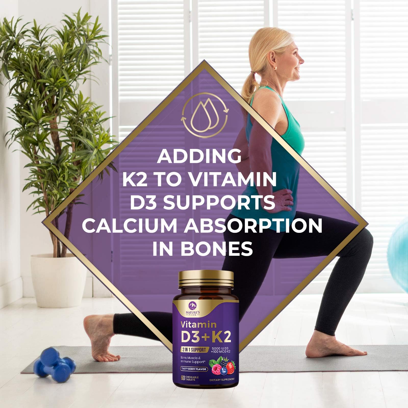 Vitamin D3 K2 - 5000 iu Vitamin D3 & 100 mcg Vitamin K2 (MK-7) Complex for Immune Support - Bone, Teeth & Muscle Health Support - Berry Chewable, Gluten Free, Non-GMO, Bottled in USA - 60 Tablets