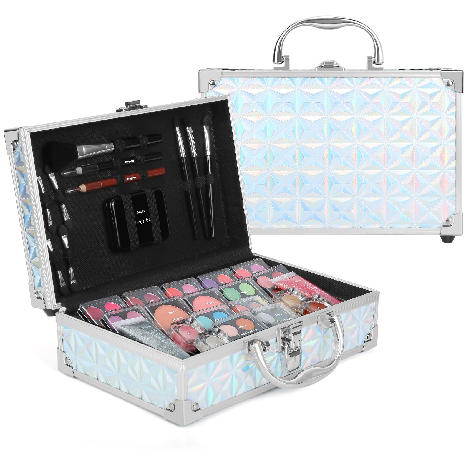 Anpro All-In-One Makeup Carry Case with Pro Teen Makeup Set, Full Starter Cosmetics Kit with Makeup Brushes, Lipsticks, Eye Shadows Palette, Blushes, Glitter Gel