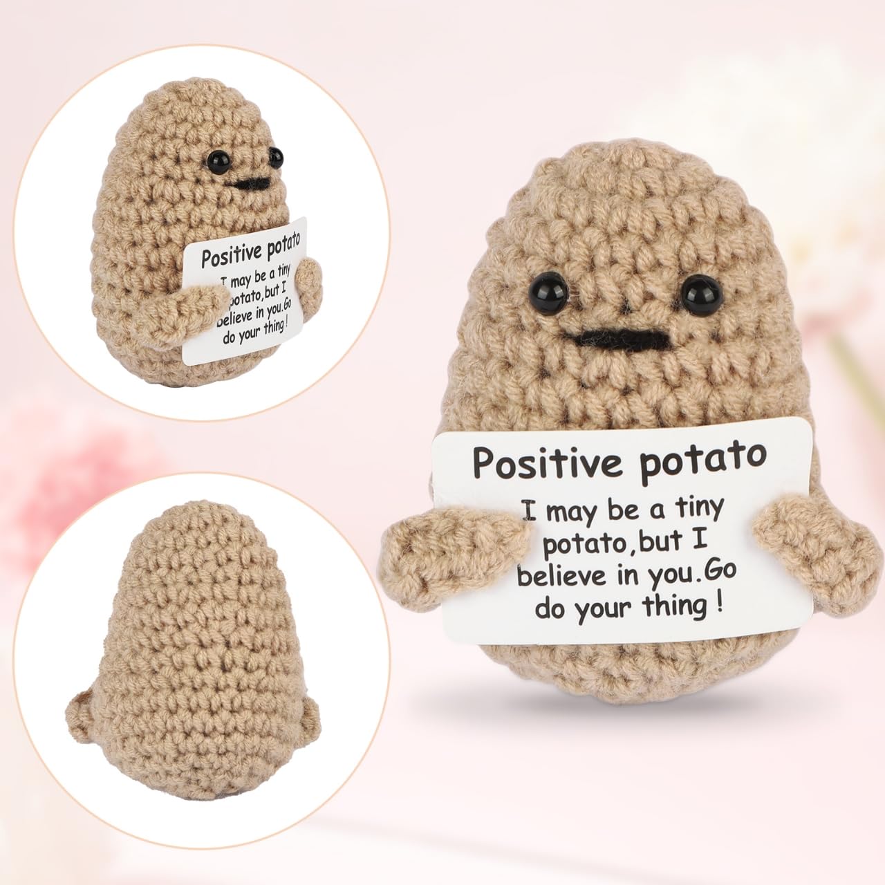 JELUTAR Mini Funny Positive Potato, 3 inch Knitted Doll with Positive Card for Cheer Up Gifts and Party Decorations, Cute Positive Potato Crochet Doll for Birthday Gifts (Positive Potato)