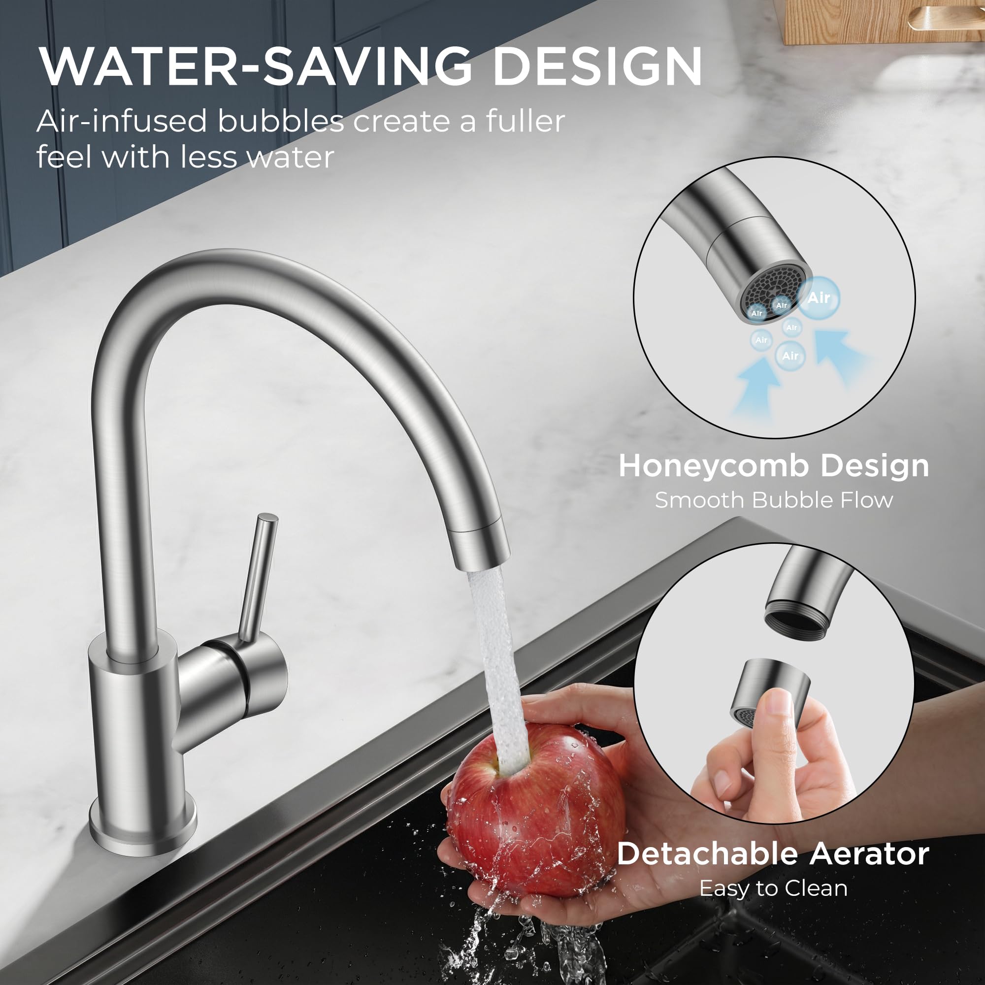 FORIOUS Kitchen Faucet, Brushed Nickel Commercial Modern Single Handle Faucet for Kitchen Sink, Stainless Steel High Arc with Deck Plate for 1 or 3 Hole, Suitable for Bar RV Camper Outdoor
