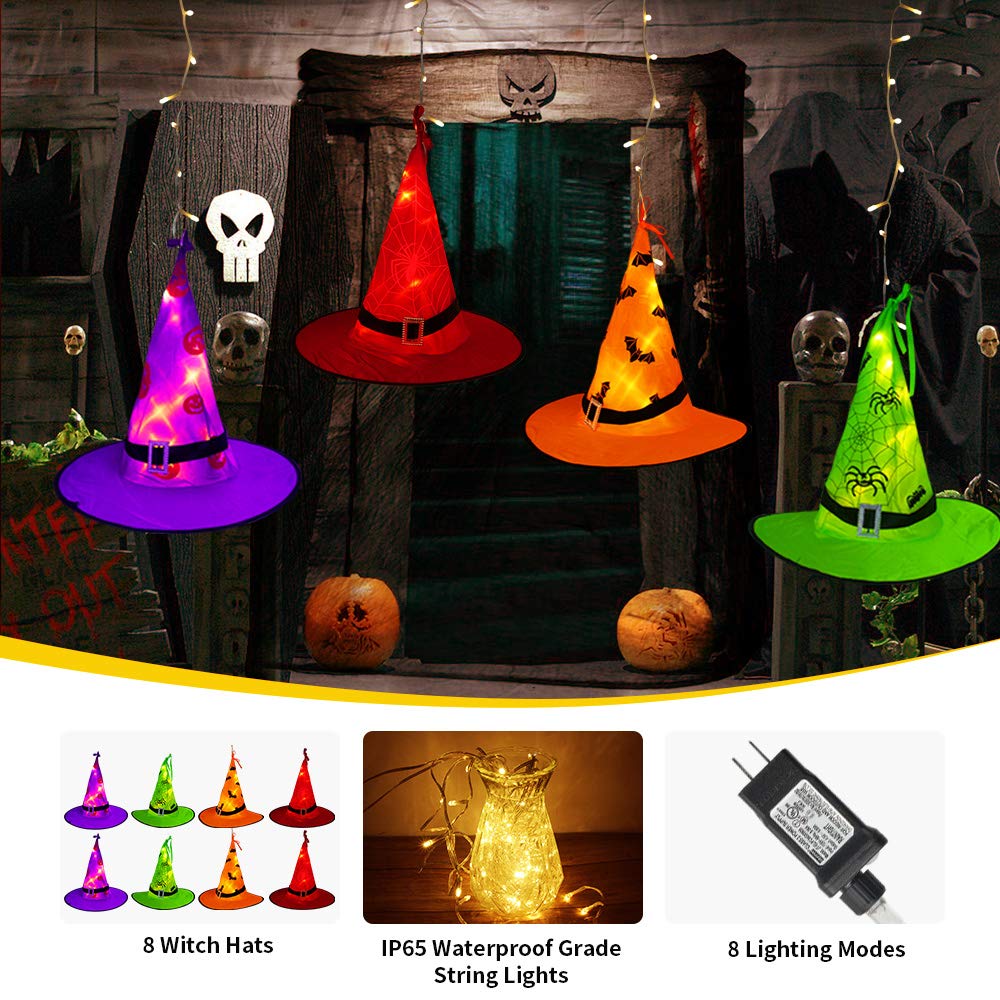 Tcamp Halloween Decorations Lighted Witch Hats Lights, 8Pcs Hanging Glowing Witch Hats with 44ft 104LED Halloween Lights String for Indoor, Outdoor, Yard, Tree Decor (8 Lighting Modes