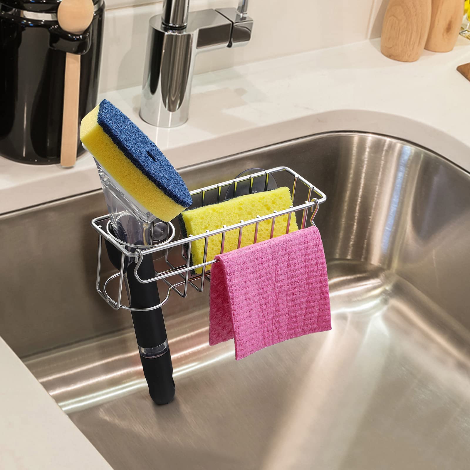 3-In-1 Sponge Holder for Kitchen Sink, 2 Suspension Options(Suction Cups & Adhesive Hook), Hanging Sink Caddy Organizer Rack - Sponge, Dish Cloth, Brush, Scrubber, Soap Tray, 304 Stainless Steel