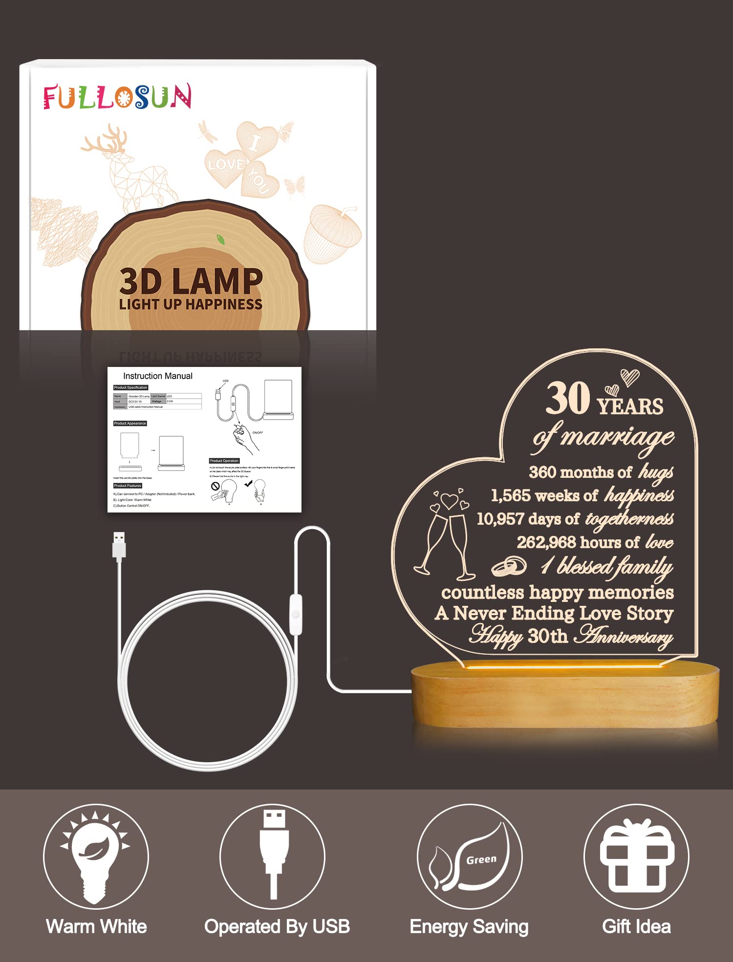 FULLOSUN Anniversary Wedding Gifts for Him/Her, I Love You Night Light 3D Illusion Lamp for Couple Wife Husband Romantic Valentines Wedding Day Present (30th)