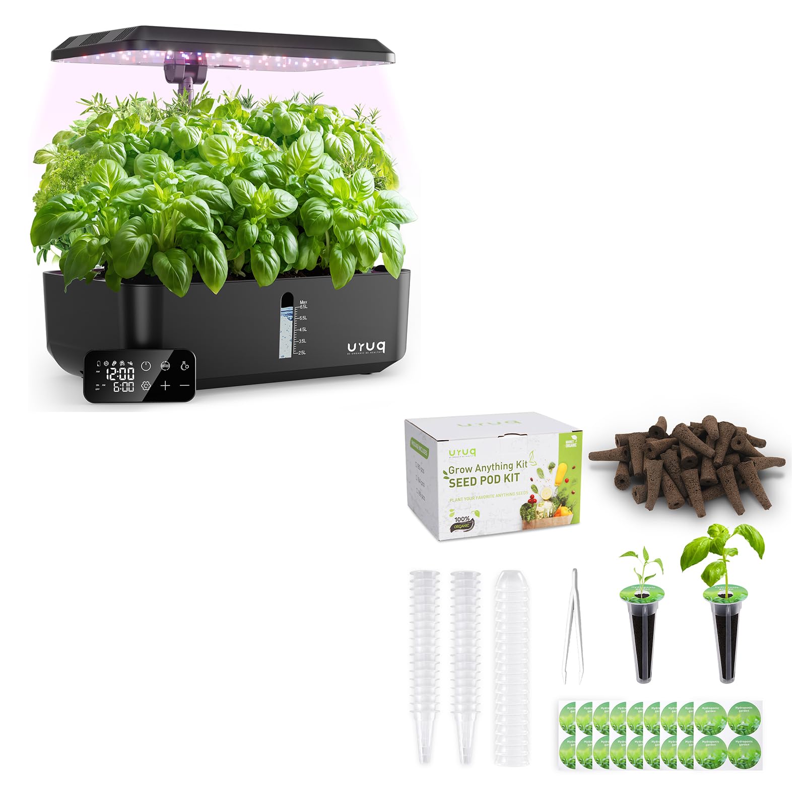 URUQ 12 Pods Hydroponics Growing System Remote Control Black & 140Pcs Hydroponic Pods Supplies