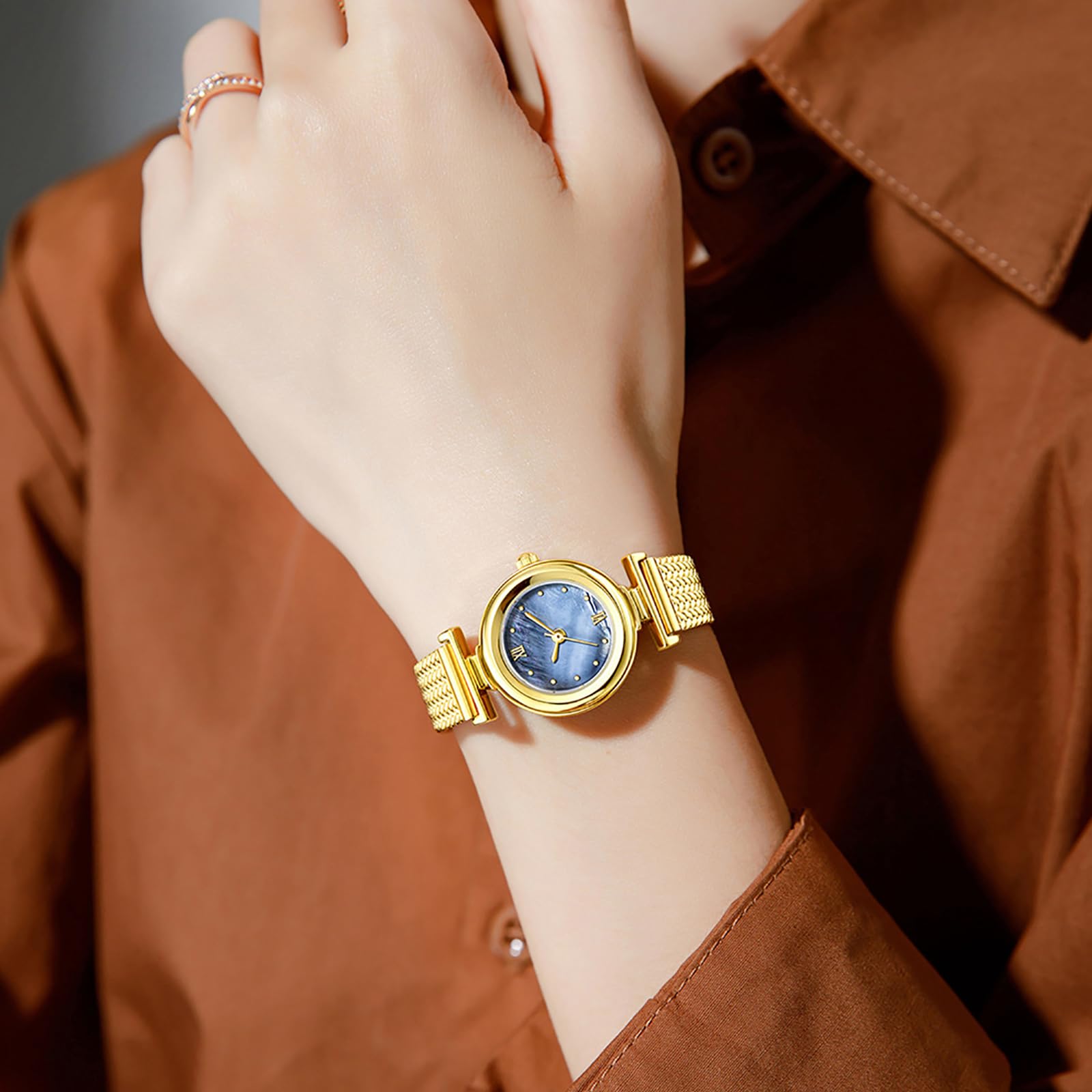 BESTKANG Elegant Women's Watch with Stainless Steel Mesh Band - Stylish Minimalist Design, Water-Resistant, Perfect for Casual & Formal Occasions (Gold Blue)