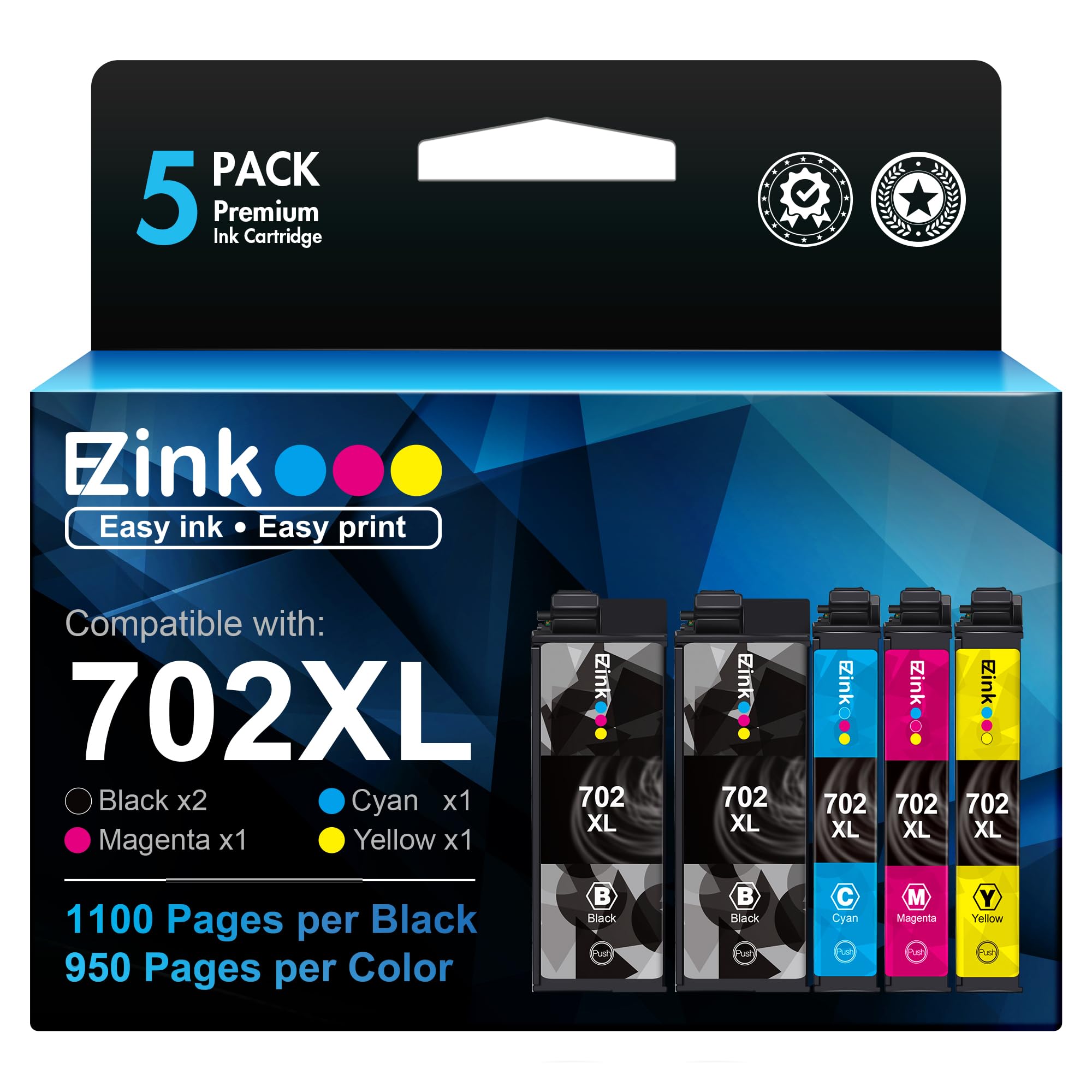 E-Z Ink Remanufactured Ink Cartridge Replacement for Epson 702XL 702 T702XL T702 to use with Workforce Pro WF-3720 WF-3733 WF-3730 Printer (5 Pack)