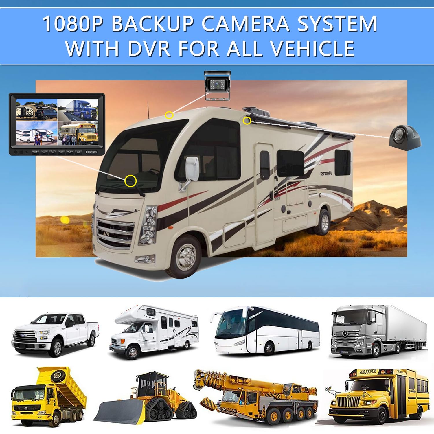 Backup Camera System with 9'' Quad Split 1080P Monitor for RV Trailer Semi Truck Camper Bus & 4 AHD Rear Side View Camera with DVR Record Function Night Vision IP69 Waterproof Avoid Blind Spot DOUXURY