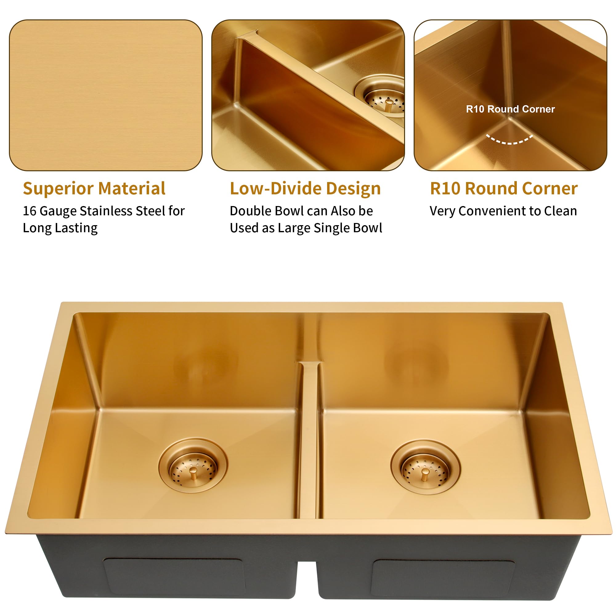 Zeesink Gold Undermount Kitchen Sink 32 X 18 inch,Double Bowl Kitchen Sinks,16 Gauge Stainless Steel Undermount Sink,Special Low-Divide Design