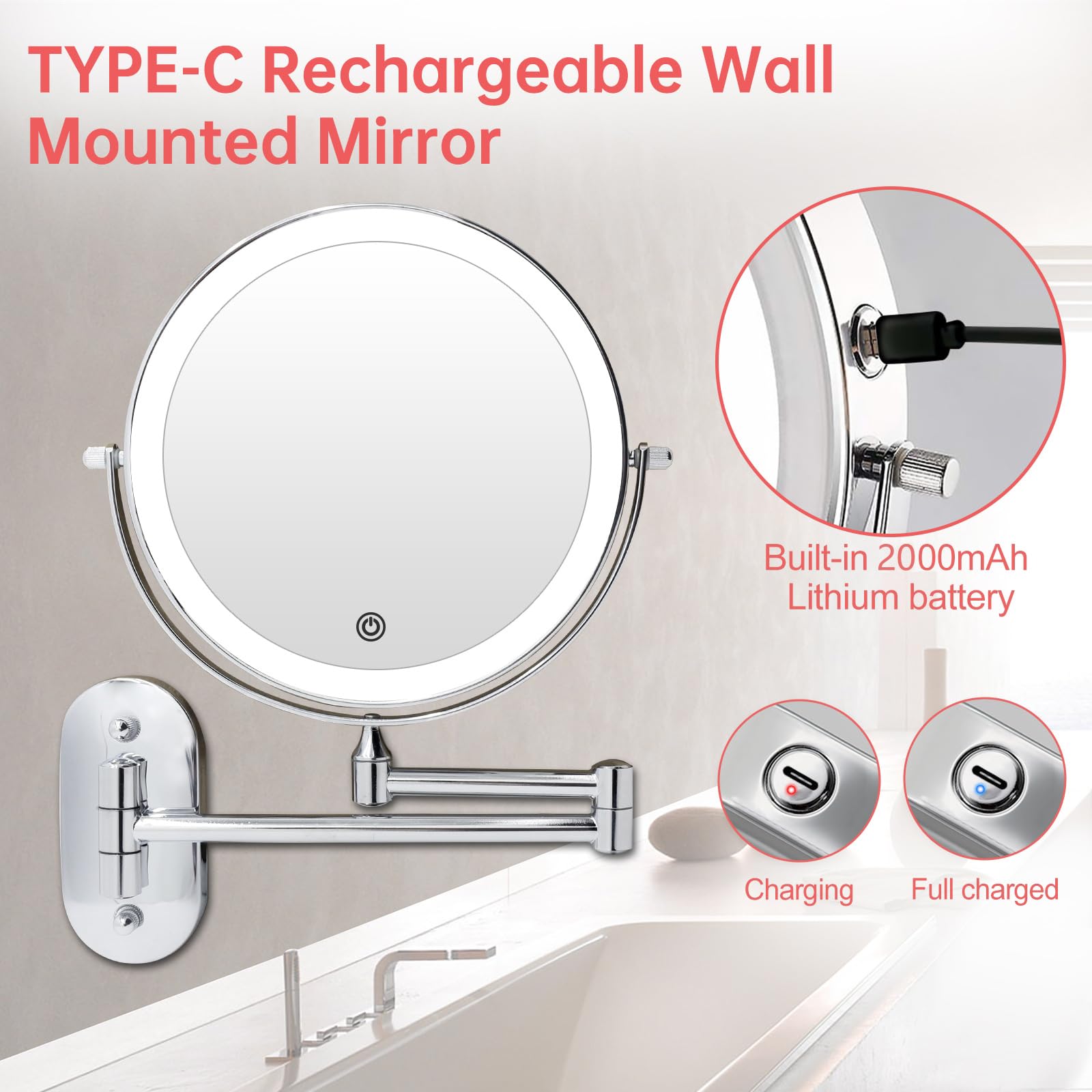 Rechargeable Wall Mounted Lighted Makeup Vanity Mirror 8 Inch Double Sided 1X 10X Magnifying Bathroom Mirror, 3 Color Lighting, Touch Screen Dimming, Extended Arm 360 Rotation Shaving Light up Mirror