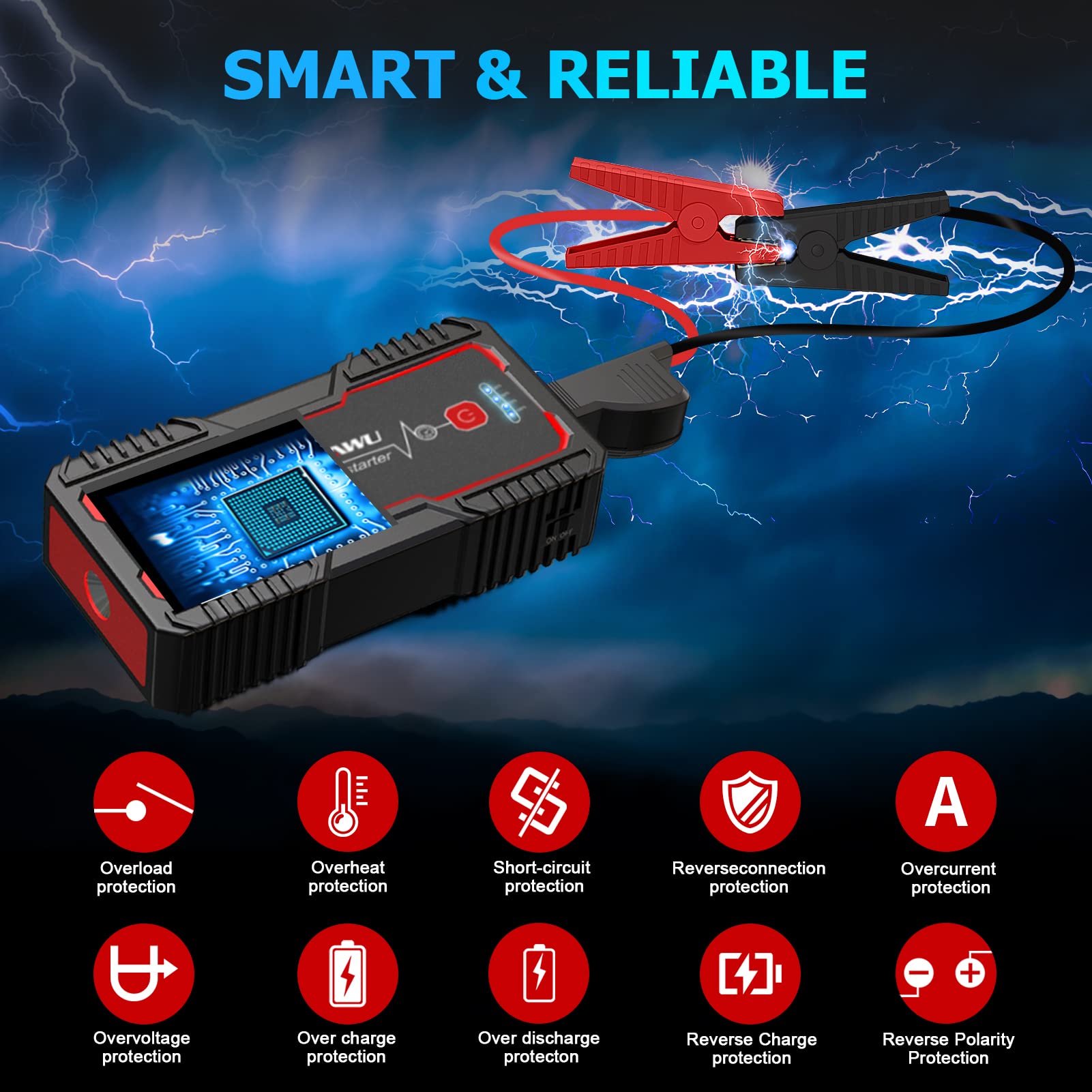 FOWAWU Car Jump Starter 2500A Peak 22800mAh Portable Jump(Up to 8.0L Gas and 6.5L Diesel), Battery Car Jump Battery Booster Pack with Smart Safety Jumper Cable, LED Light USB DC 12V Output