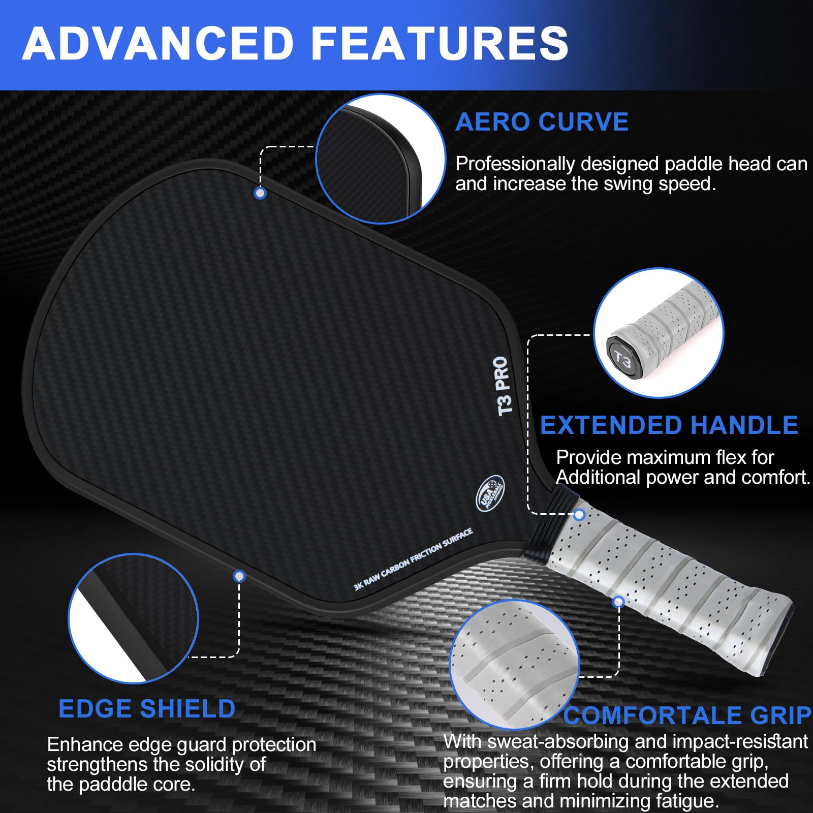 Pickleball Paddle, YYP 3K CFS Pickle Ball Paddle Racket - Carbon Fiber Surface with High Grit & Spin, Ultra-Light Design, 16MM Polypropylene Honeycomb Core, Perfect for Professional Players