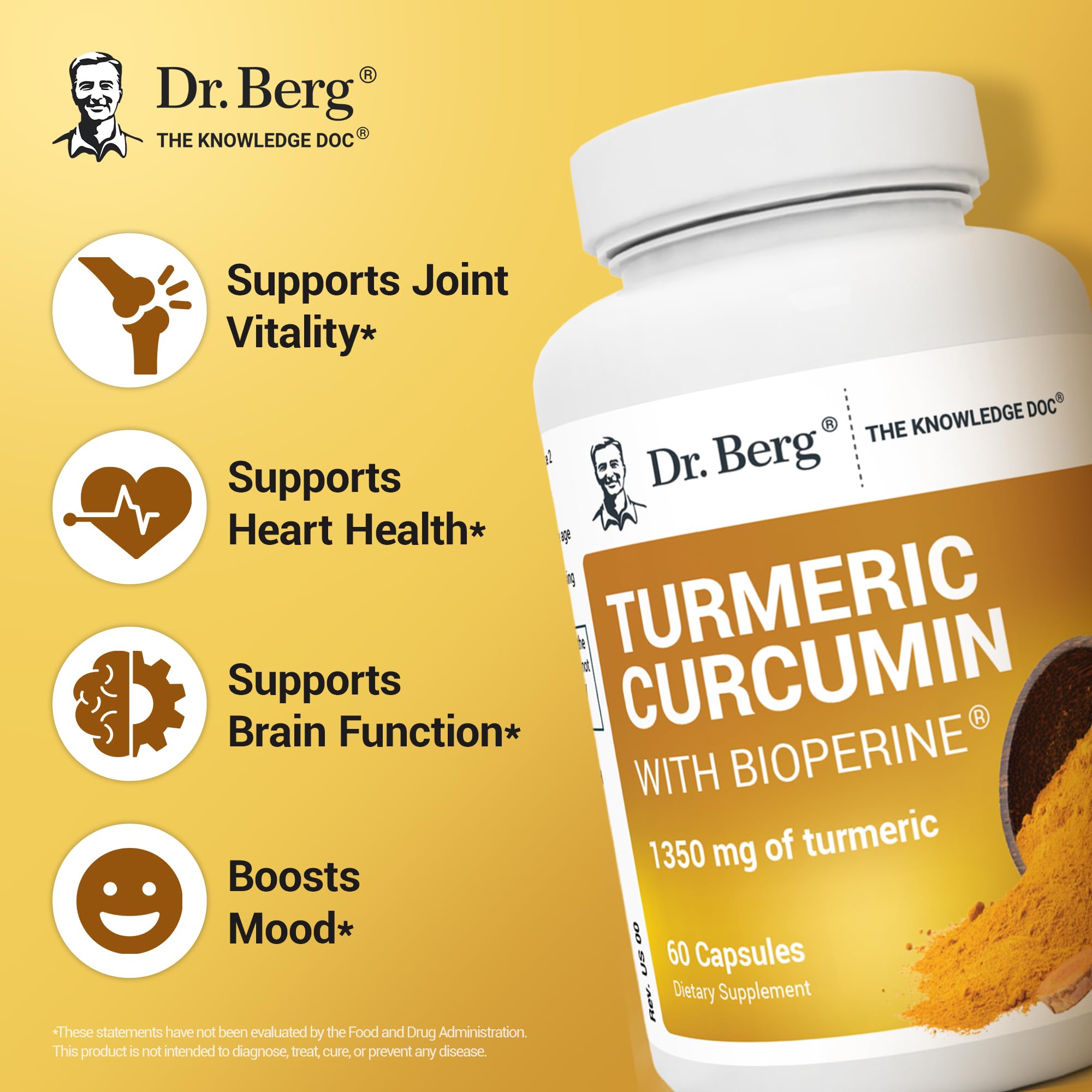 Dr. Berg (Only 2 Per Day) Turmeric Supplement with Black Pepper (BioPerine) - 1350 mg Turmeric Curcumin Supplement with 95% Curcuminoids – Turmeric Curcumin with Black Pepper – 60 Turmeric Capsules