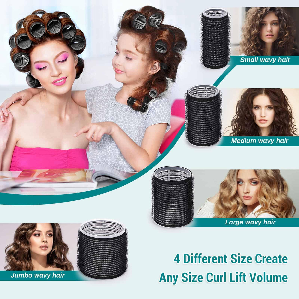 Hair Rollers for Blowout Look Long Hair, Rollers Hair Curlers 38 Pcs Self Grip Hair Rollers Set with 24Pcs Hair Rollers 4 Sizes and 12 Pcs Hair Clips, Comb and Storage Bag for Hair Volume (Black)