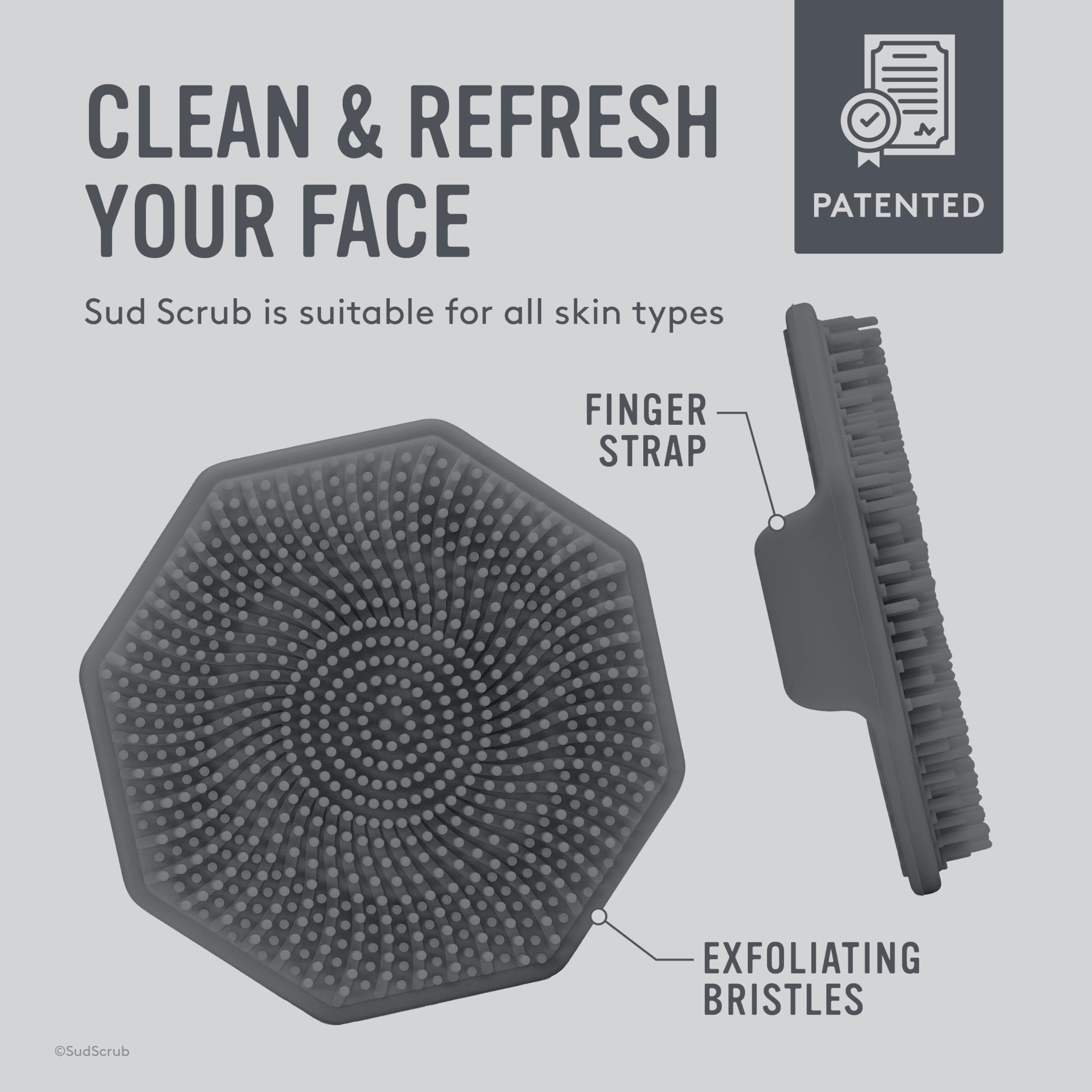 Sud Scrub® Antimicrobial Silicone Face Scrubber, 1 Pack, Gentle Face Exfoliator for Sensitive Skin, Eco Friendly Facial Cleansing Brush, Exfoliating Face Brush for Men and Women (Charcoal)