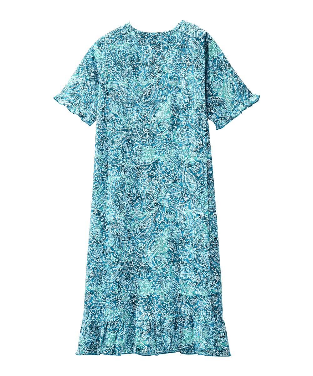 Silverts Women's Open Back Ruffle Hospital Nightgown - Adaptive Gown for Elderly, Seniors, Bedridden, Hospice - Warm Medical Night Robe Pajamas for Pregnancy, Labor Patients - Turquoise Paisley 3XL