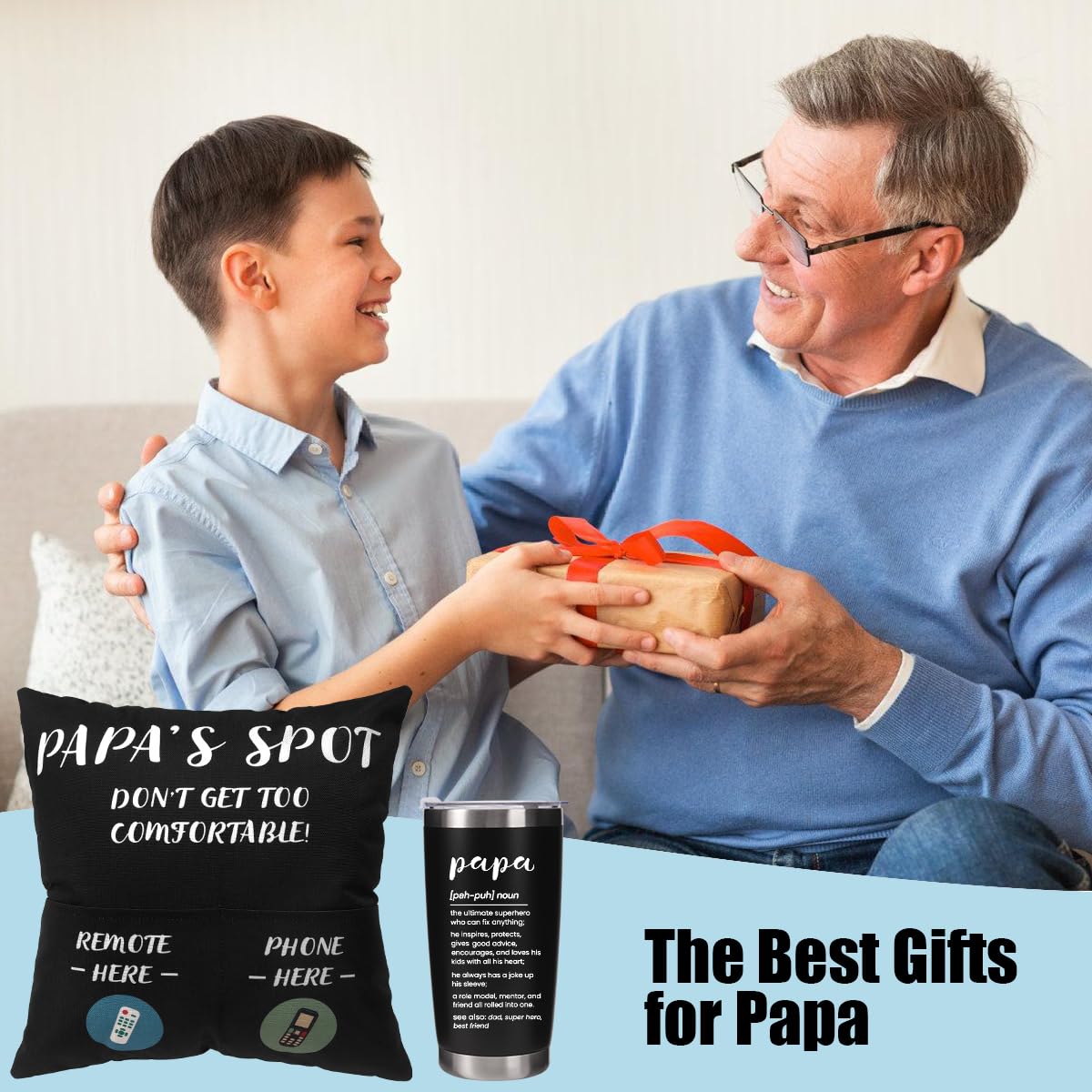 Papa Gifts for Christmas Grandpa Birthday Gifts from Grandson Granddaughter Grandkids Thank You Gifts for Grandfather Granddad Grandpa New PAPA Definition Tumbler + Pillow Cover (Papa's Spot)