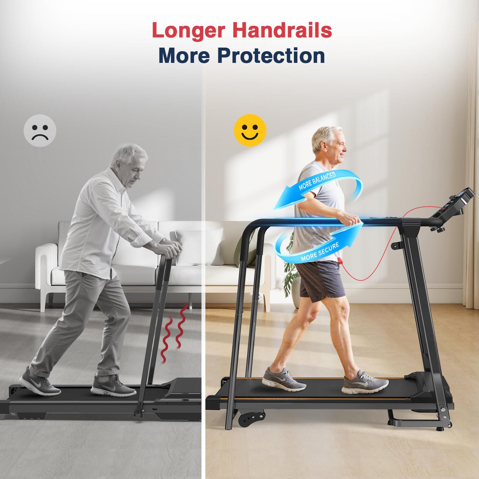 Redliro Walking Treadmill for Seniors - Foldable Senior Treadmill with 0%-2% Incline, Long Handrails - 300 lbs Capacity Home Recovery Fitness Exercise Machine for Elder, Mute & Qucik Speed Button