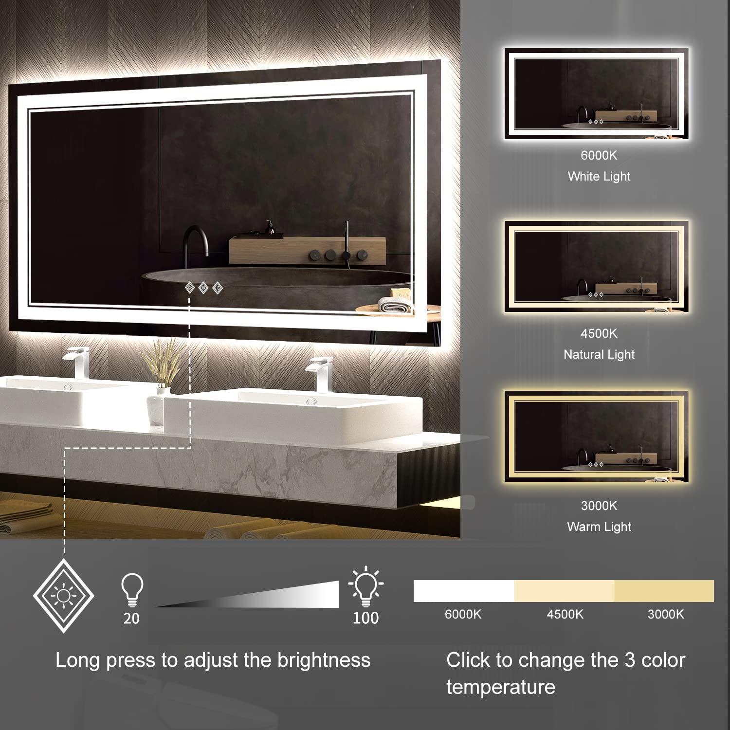 VanPokins Bathroom Vanity Mirror, 48x24 Inch Gradient Front and Backlight Bathroom Mirror, 3 Colors Dimmable CRI>90 Double Lights, IP54 Enhanced Anti-Fog, Hanging Plate Wall Mount LED Bathroom Mirror