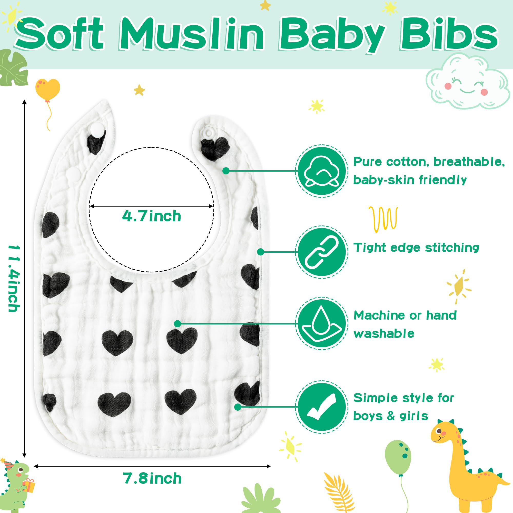 GROBRO7 8P Muslin Baby Bibs Black & White Pattern Soft Cotton Adjustable Snap Drool Bibs Absorbent Breathable Feeding Bib Machine Washable Burp Cloths for 0-24 Months Unisex Newborn Teething Drooling