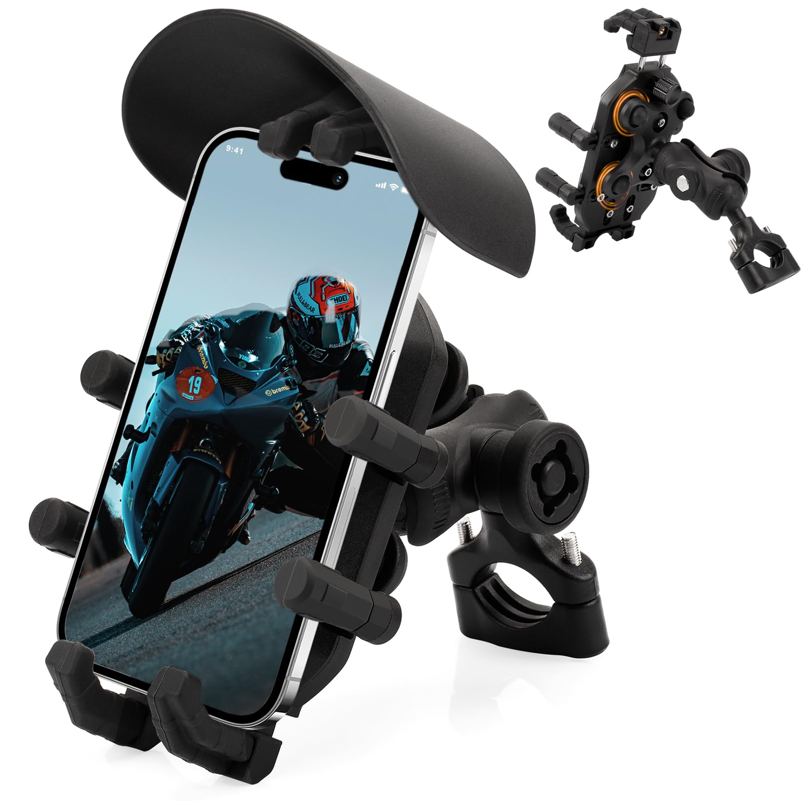 XINGWU Motorcycle Phone Mount with Vibration Dampener & Secure Lock, Anti-Theft Bike Phone Holder, Rainproof Handlebar Cellphone Holder for iPhone 16 15 14 13 Pro Max Plus 5.4-7.0" Smartphones