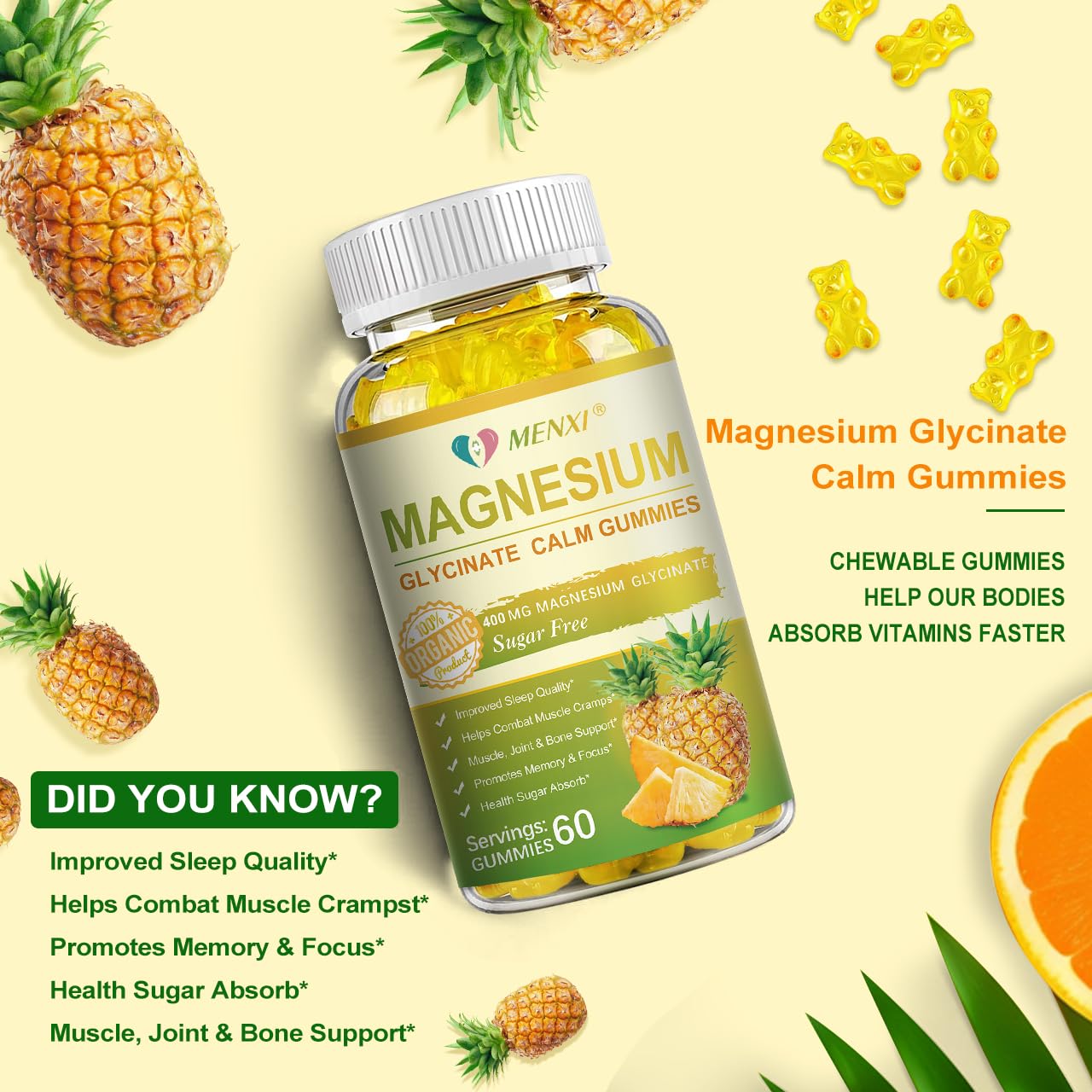 Magnesium Glycinate Gummies 400mg, Sugar Free Magnesium Taurate,Magnesium Malate Supplement with Vitamin D, B6, CoQ10 for Relaxation, Stress Relief, Muscle, Bone & Sleep Support-120 Pineapple Gummies