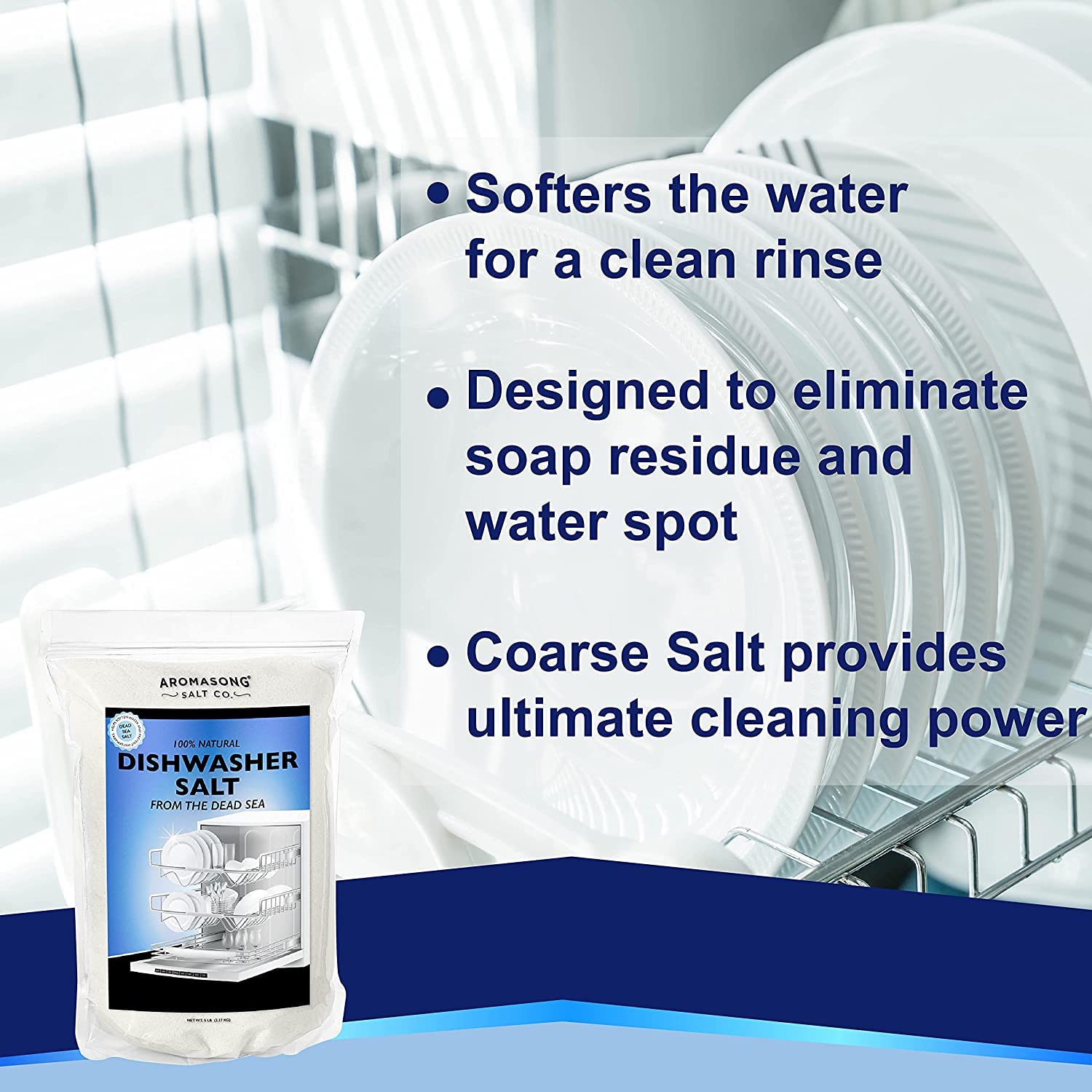 Aromasong Dishwasher Salt 10 LB - 100% Natural Water Softening Agent Compatible with Bosch, Miele, Whirlpool, Thermador and Mor... For Cleaner Dishes & Washer Reactivation (packaging may vary)