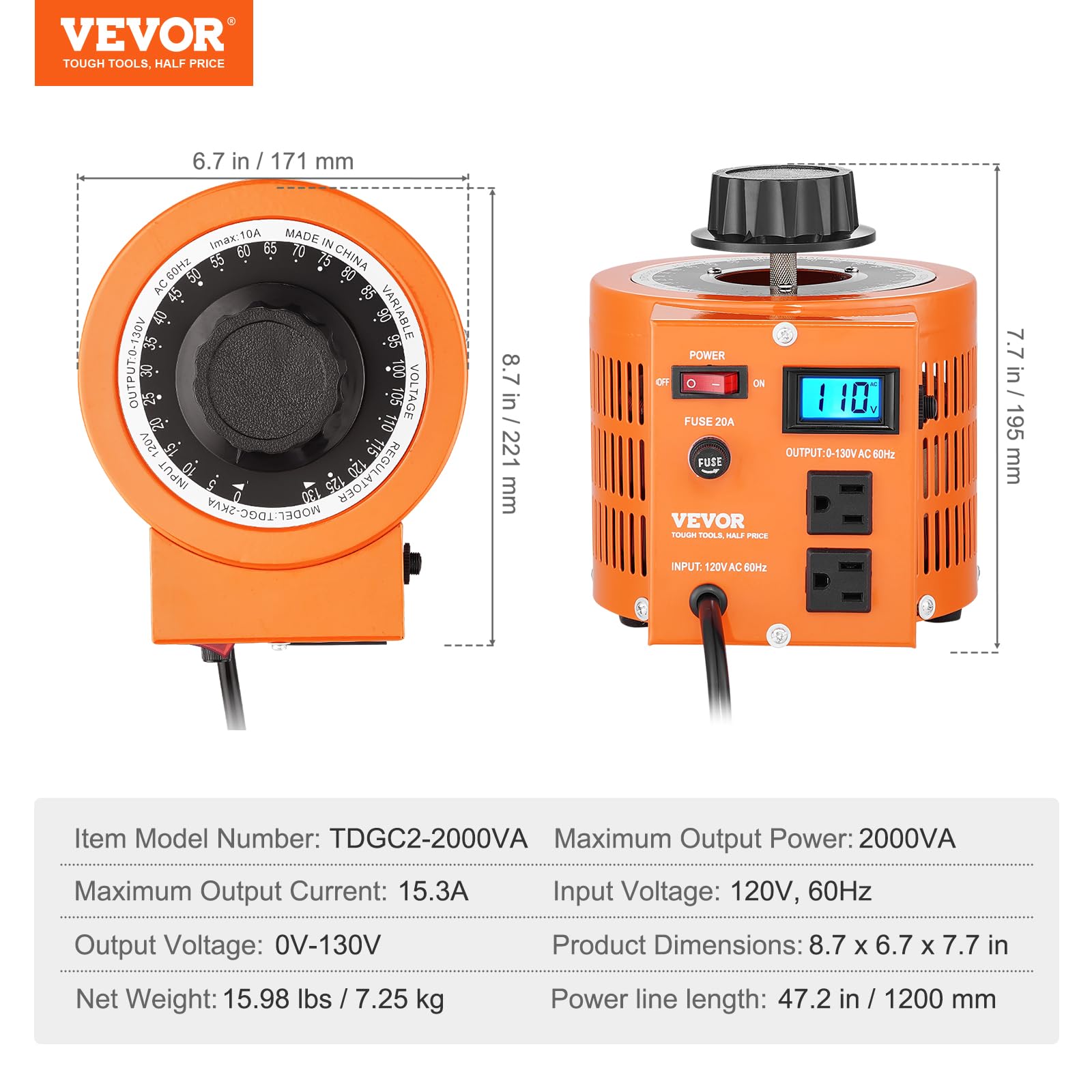 Vevor 2000VA 20A Auto Transformer 110V 60Hz Input Voltage Digital Display 0-130V Output Automatic Voltage Regulator for US Plug: Tools & Home Improvement