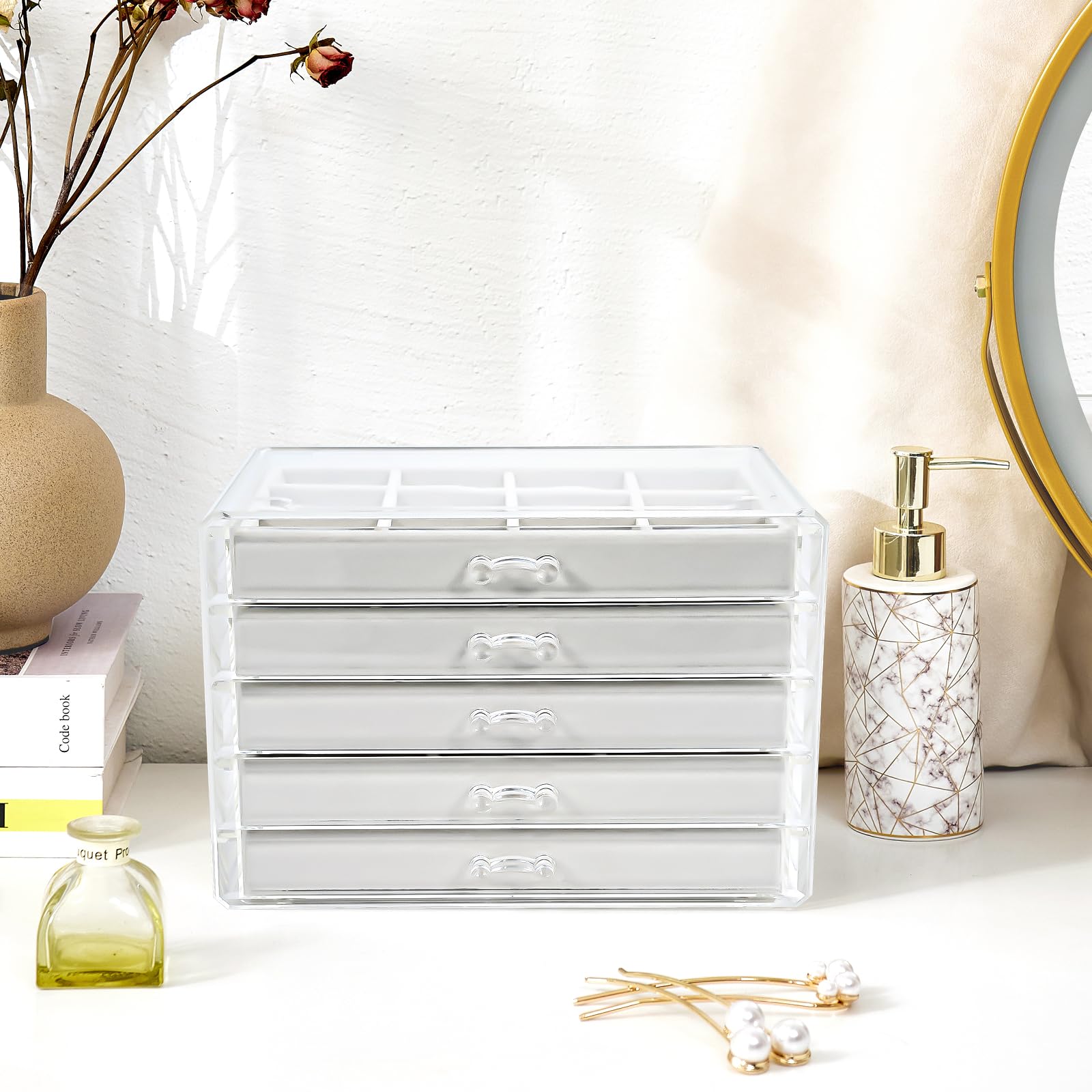 ProCase Earring Holder Organizer Jewelry Box with 5 Drawers Mothers Day Gift, Acrylic Clear Earring Case with Adjustable Velvet Trays for Women - Warmwhite,5 Layers