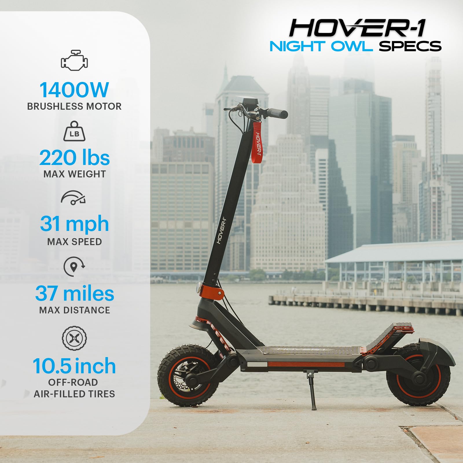 Hover-1 Night Owl Electric Folding Scooter, 31 MPH Top Speed, 37 Mile Range, 1200 Watts Max Power, 10.5” Offroad Tires, Dual Disc Brakes, Front & Rear Suspension Motorized Scooter for Adults & Teens