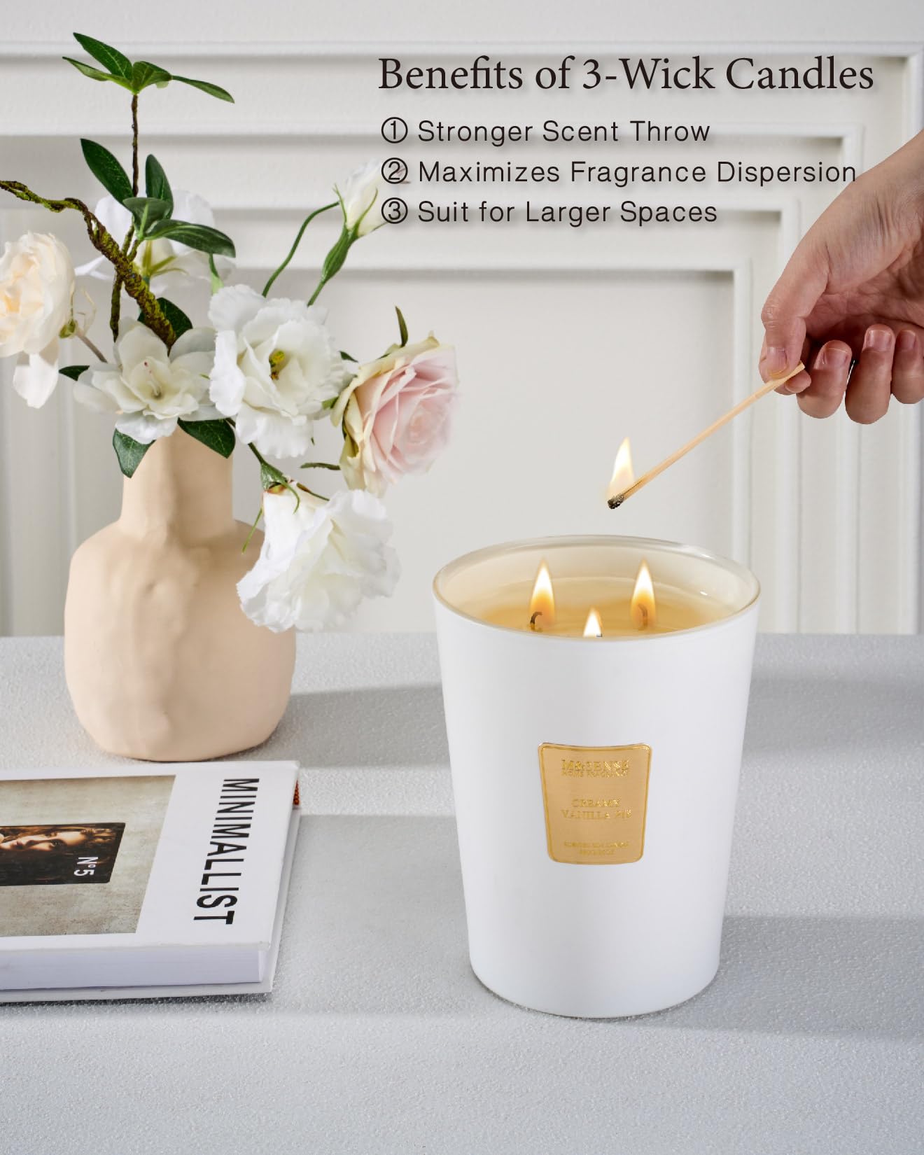 M&SENSE Extra Large Soy Candle Creamy Vanilla Scented 35oz 150H Burn Time, 3-Wick Natural Aromatherapy Candle Highly Scented Long Lasting, Home Fragrance Housewarming Gifts New Home Gift Ideas