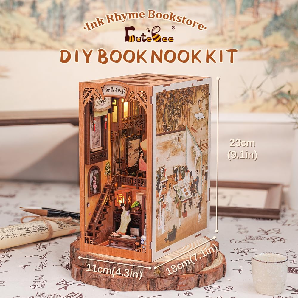 CUTEBEE Book Nook Kit - DIY Miniature House Dollhouse Kit for Adult and Teens, Booknook Bookshelf Decor Alley Model Build with LED Light, Gifts for Family and Friends (Ink Rhyme Bookstore)