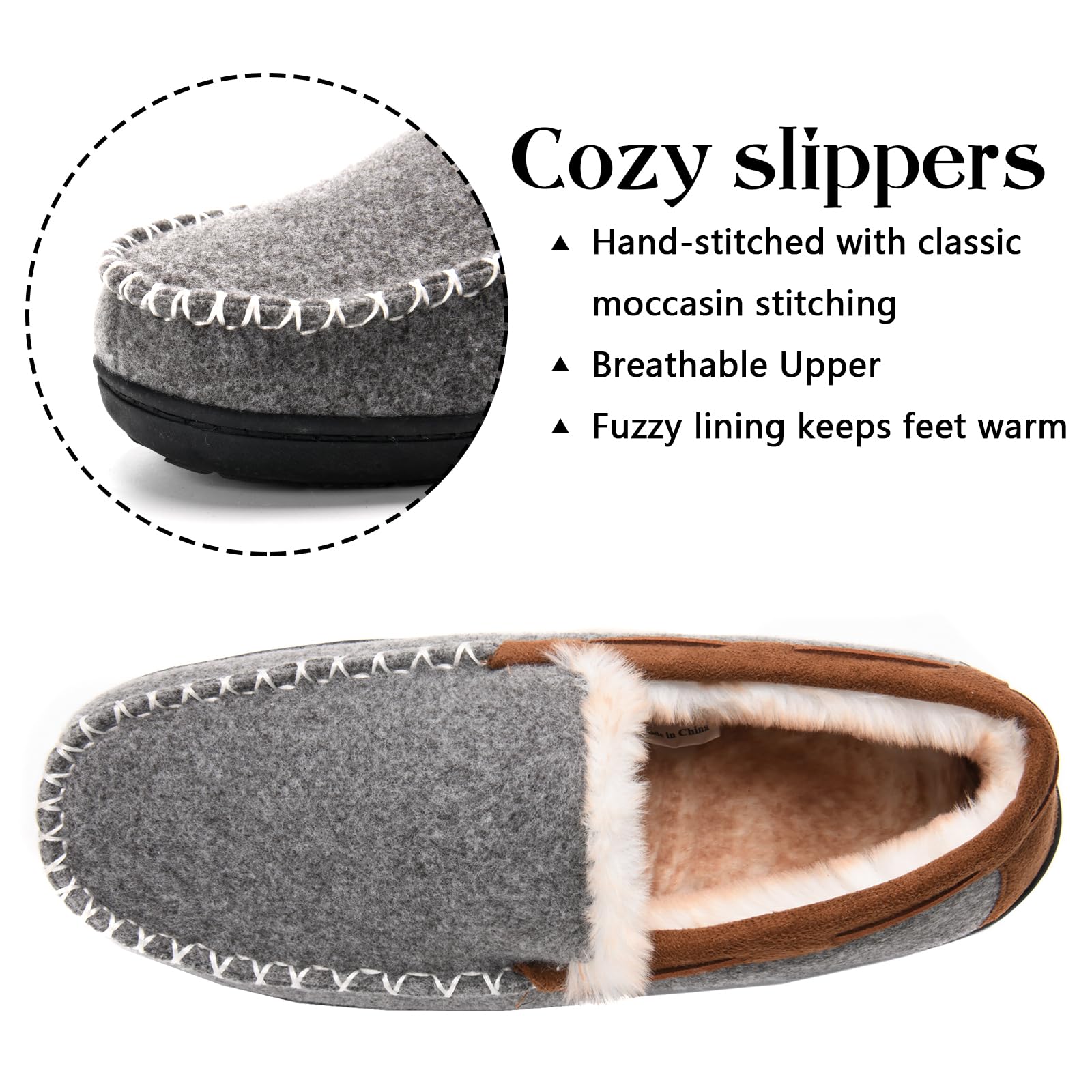 Honalika Men's Fuzzy Moccasin House Slippers Memory Foam, Cozy Mens Fluffy Warm Indoor Slippers Closed Back for Winter, Non-Slip Soft Comfy Bedroom Slippers for Men