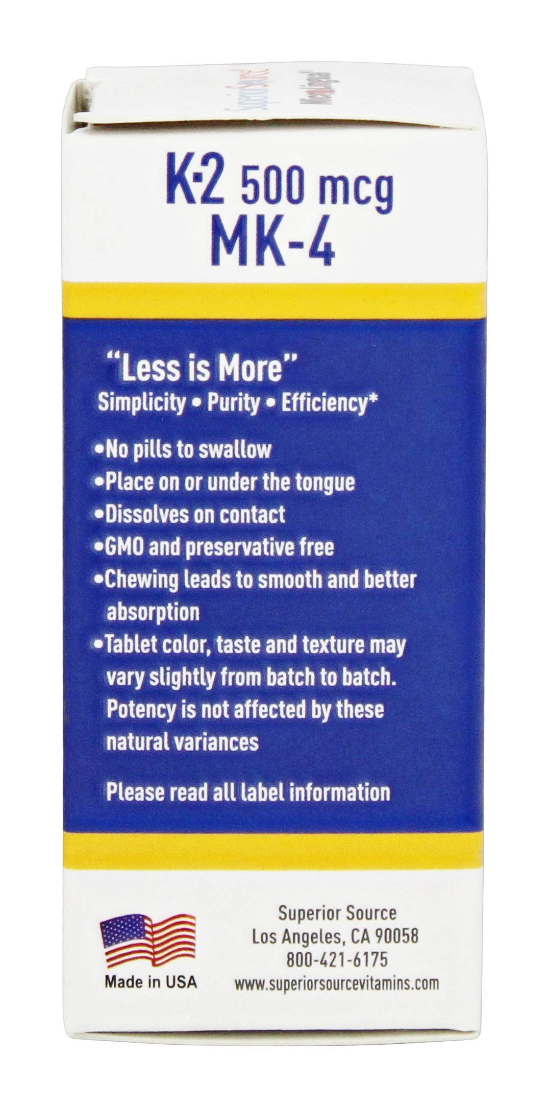 Superior Source Vitamin K2 MK-4 (Menaquinone-4), 500 mcg, Quick Dissolve MicroLingual Tablets, 60 Count, Healthy Bones and Arteries, Immune & Cardiovascular Support, Assists Protein Synthesis, Non-GMO