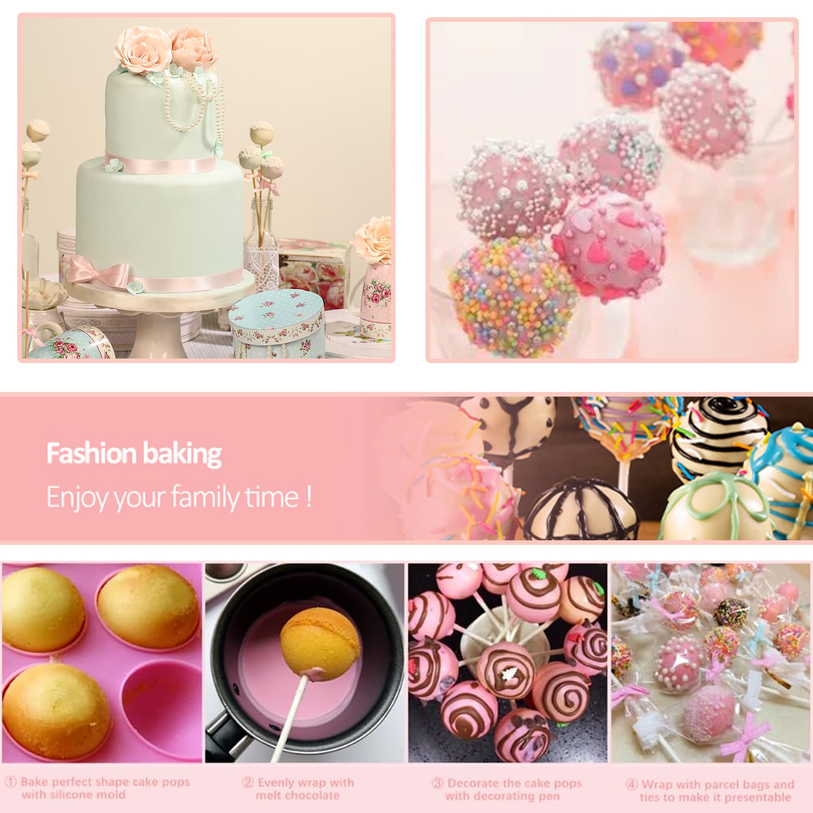 605Pcs Cake Pop Kit,Silicone Lollipop Molds Including Lollipop Sticks,Measuring Cup,Treat Bags,Twist Ties,Decorating Pen,Round Mold,Meat Baller with Handles,Lollipop, Candy,Display Stand Holder