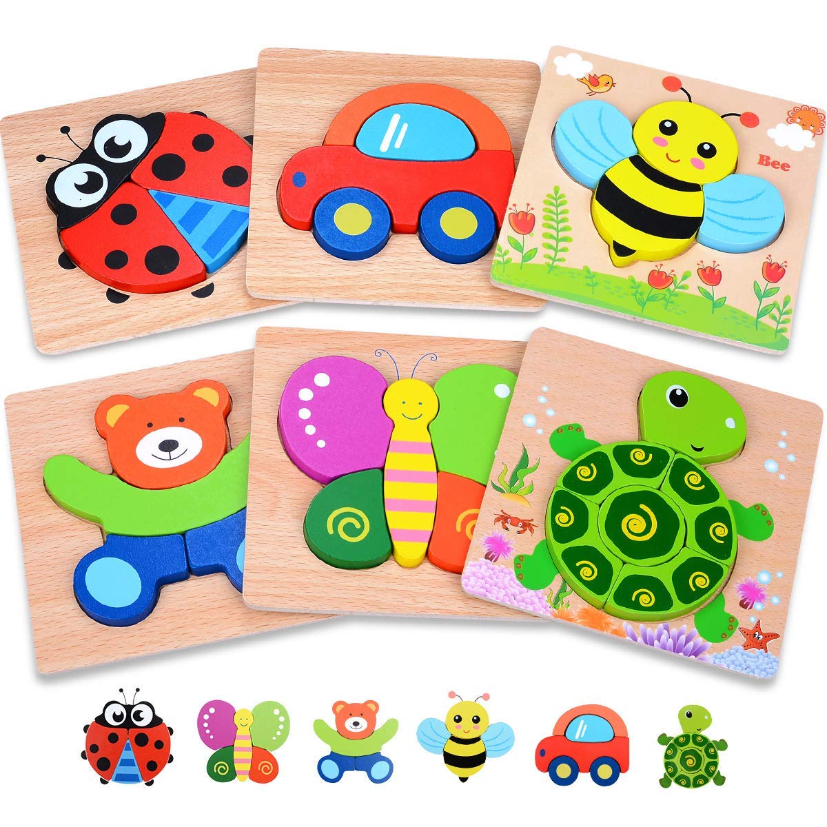 Magifire Wooden Puzzles for Toddlers 1-3, Set of 6 Montessori Toys, 1 Year Old Wood Puzzles for Baby Boys Girls, Large Pieces Safe for Kids, Includes Storage Bag and Giftable Box