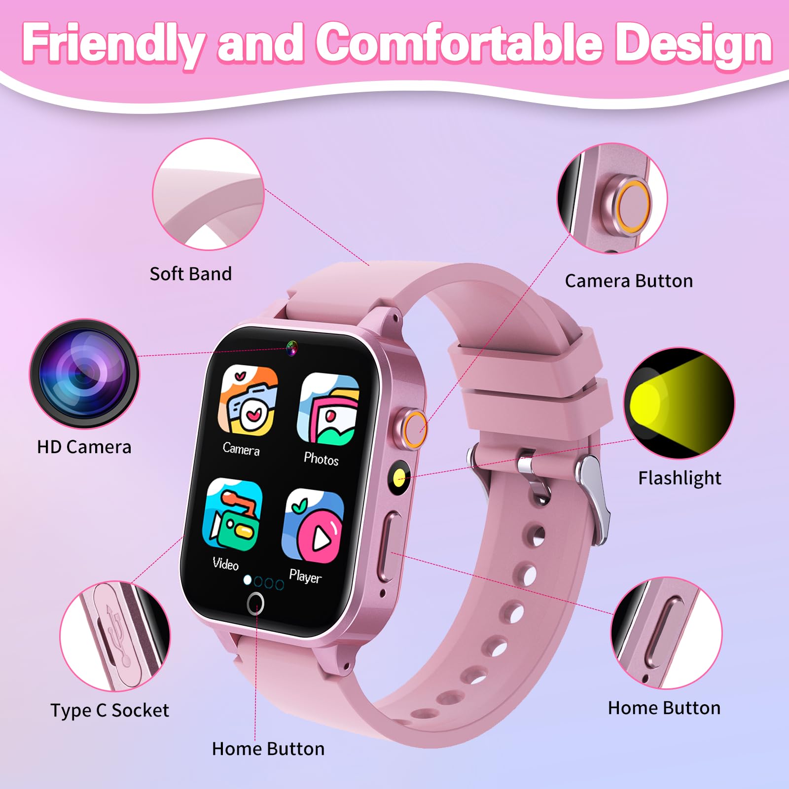 Kids Smart Watch Girls Gift for Girls Aged 6-12, HD TouchScreen Kids Watch with 26 Games Video Camera Music Pedometer Audiostory Learn Card Educational Toys Birthday Gifts for Girls Ages 5 6 7 8 9