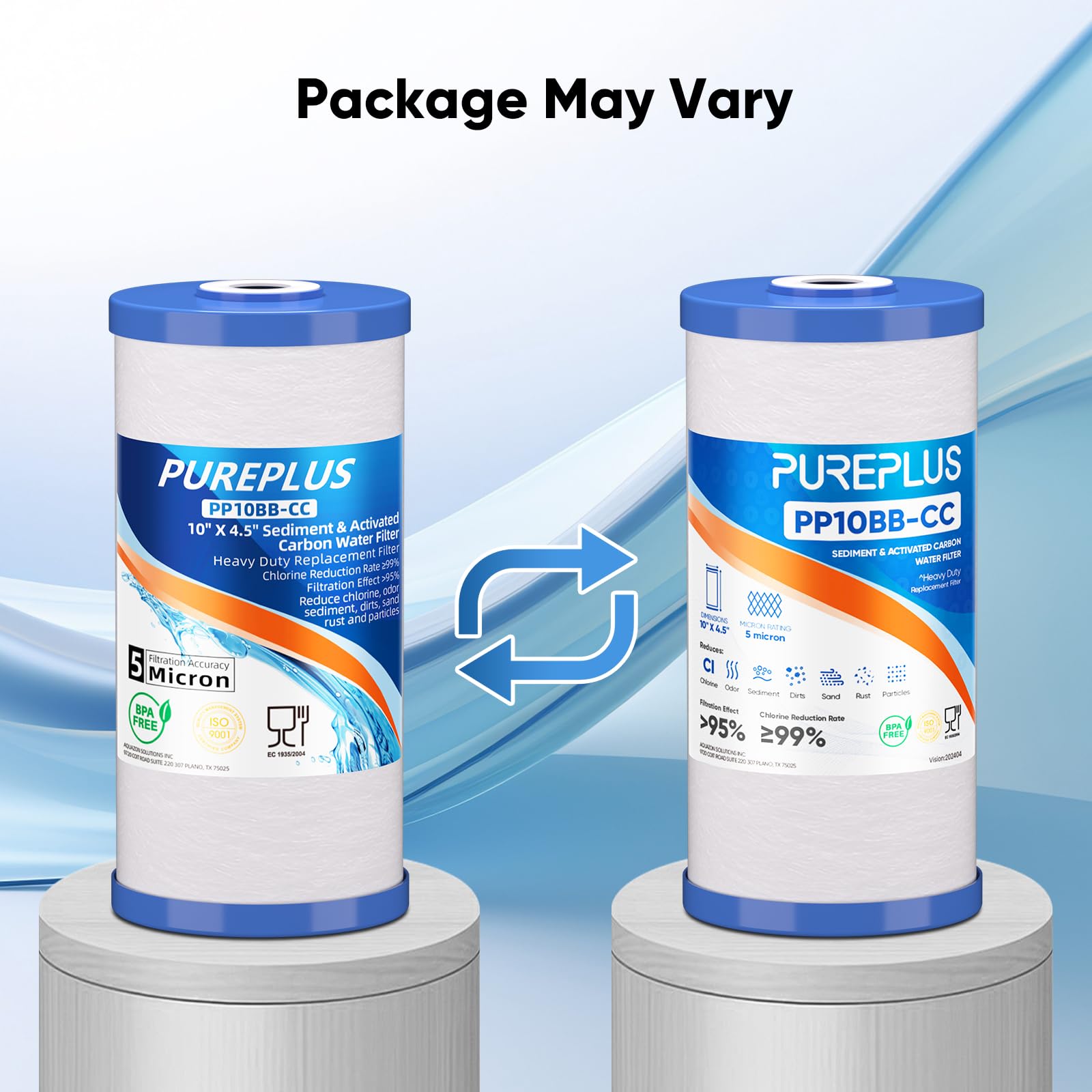 PUREPLUS 5 Micron 10" x 4.5" Whole House Sediment and Carbon Water Filter Replacement Cartridge for GE FXHTC, GXWH40L, GXWH35F, GNWH38S, Culligan RFC-BBSA, WRC25HD, PP10BB-CC, Pentek RFC-BB, 2Pack