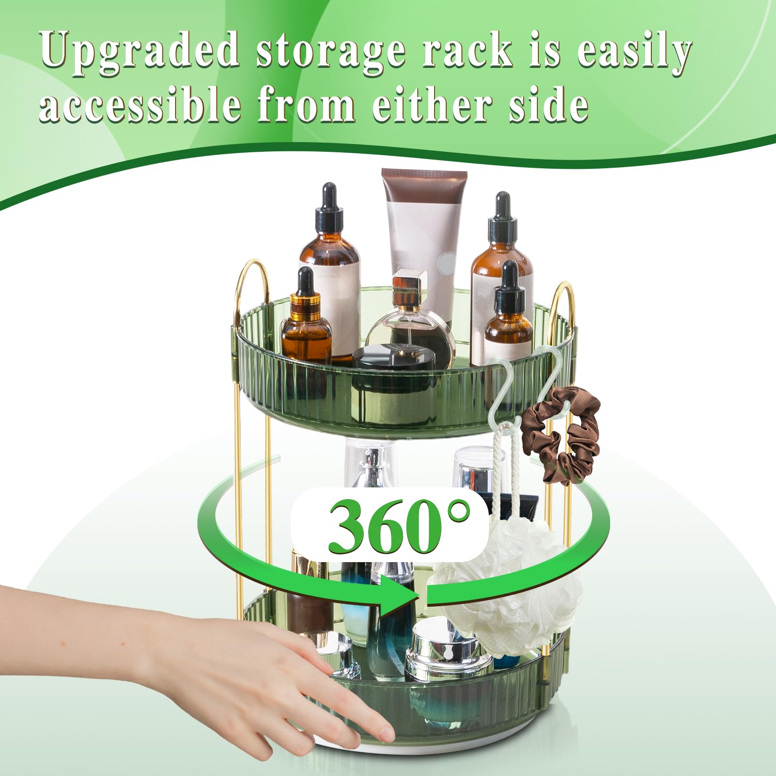 360° Rotating Makeup Organizer for Vanity,Lazy Susan Organizer Large Skincare Make Up Storage Perfume Organizers Cosmetic Dresser Organizer Countertop Organizer with Hooks DIY Stickers for Bathroom