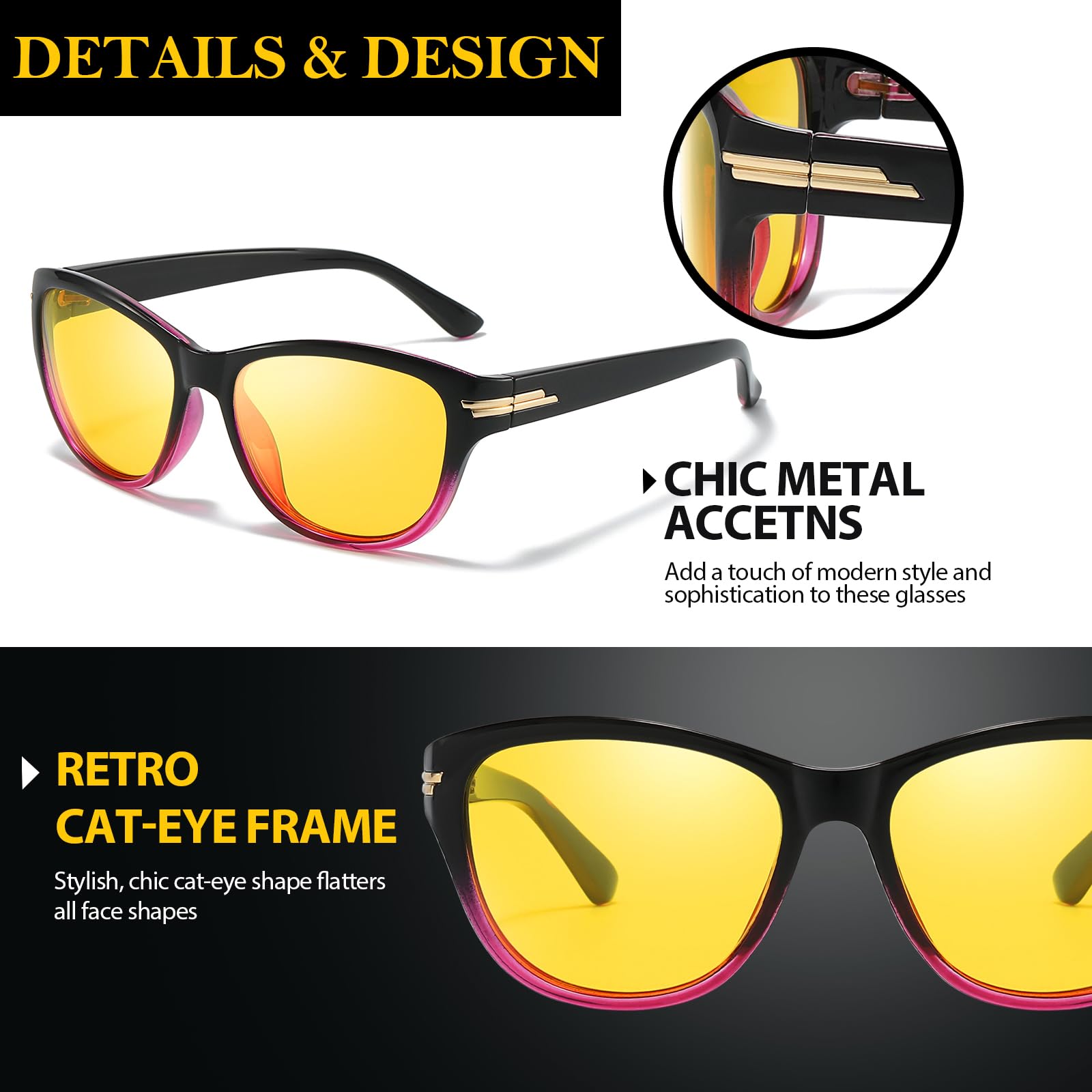 TJUTR Women’s Night Vision Glasses for Driving, Polarized Yellow Lens Glasses for Night time Anti Glare TN2517