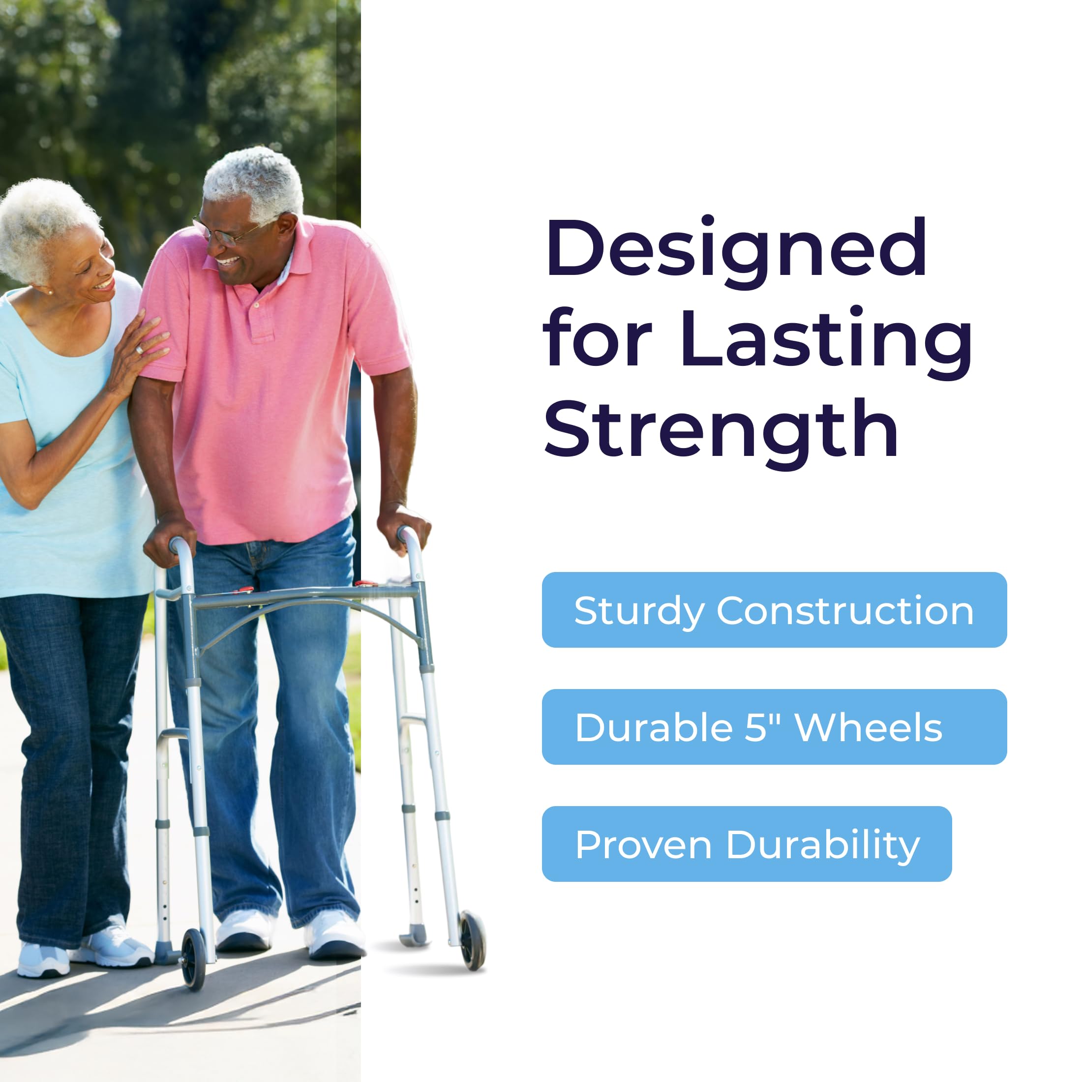 Drive Medical Two-Button Folding Walker w/ Wheels - Lightweight Rolling Mobility Support - Desk Arms - Adjustable Height - Dual Push-Button Operation - 5 Inch Front Wheels - Durable Aluminum - Silver