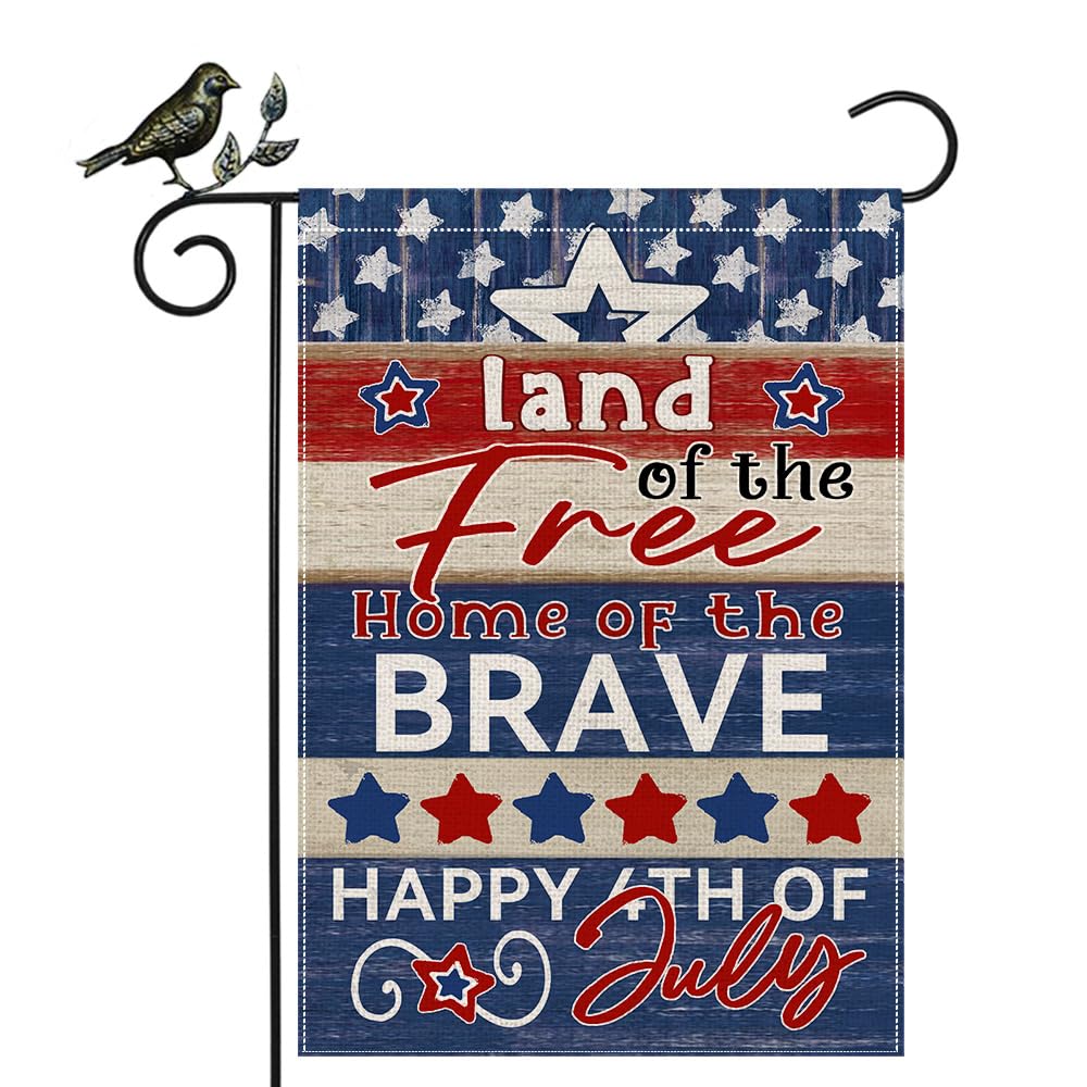 GEEORY Happy 4th of July Patriotic Garden Flag 12.5x18 Inch, Stars Striped Blue Welcome Double Sided Flag for Outside Yard Lawn Decoration GB051-12