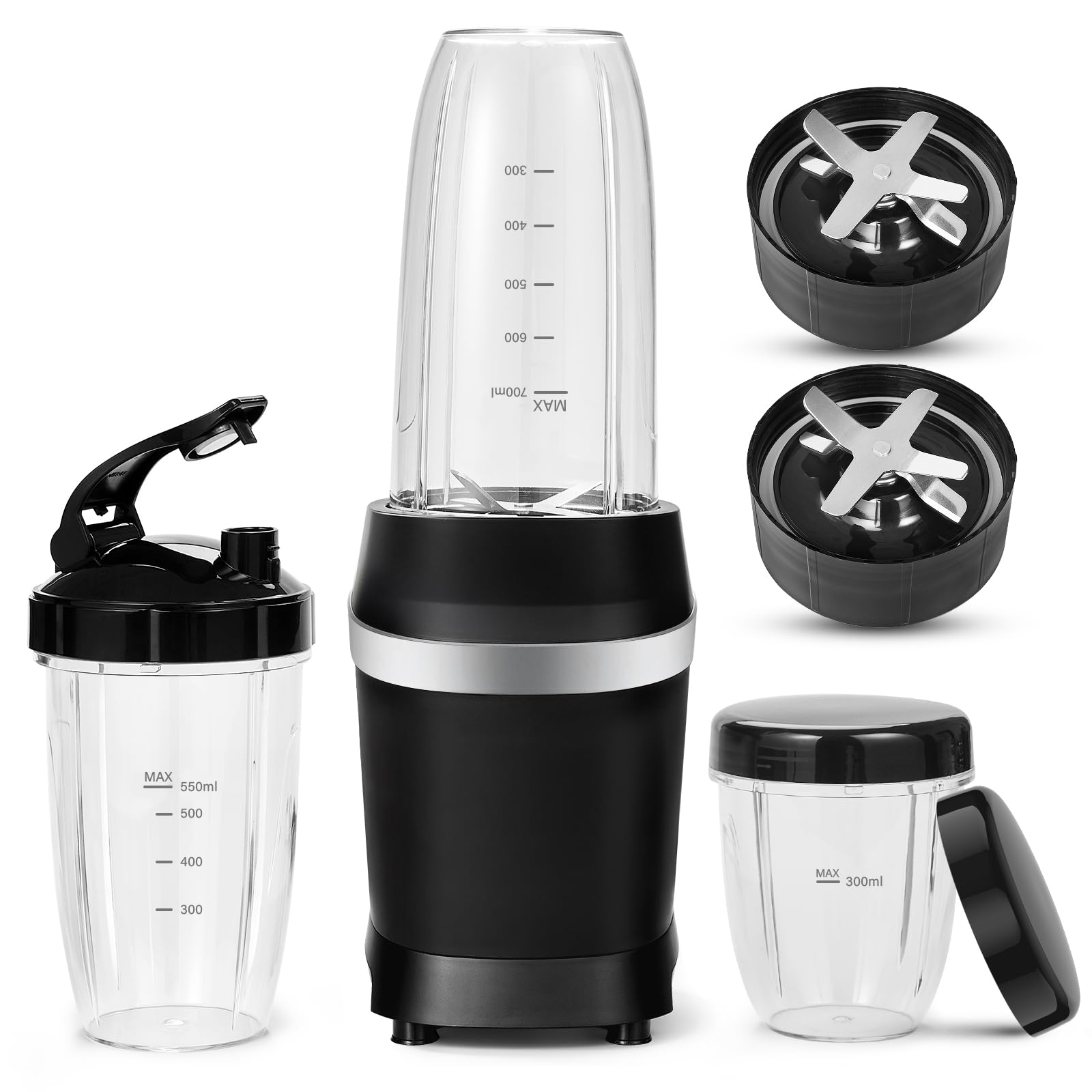 Nahida Blender for Smoothies, 1200W Smoothies Blender for Ice Crushing, Bullet Blender with (2) 6-Fin Blades, Personal Blenders for Kitchen with 14oz, 24oz, 29oz Easy Go Cups for Juices, Black