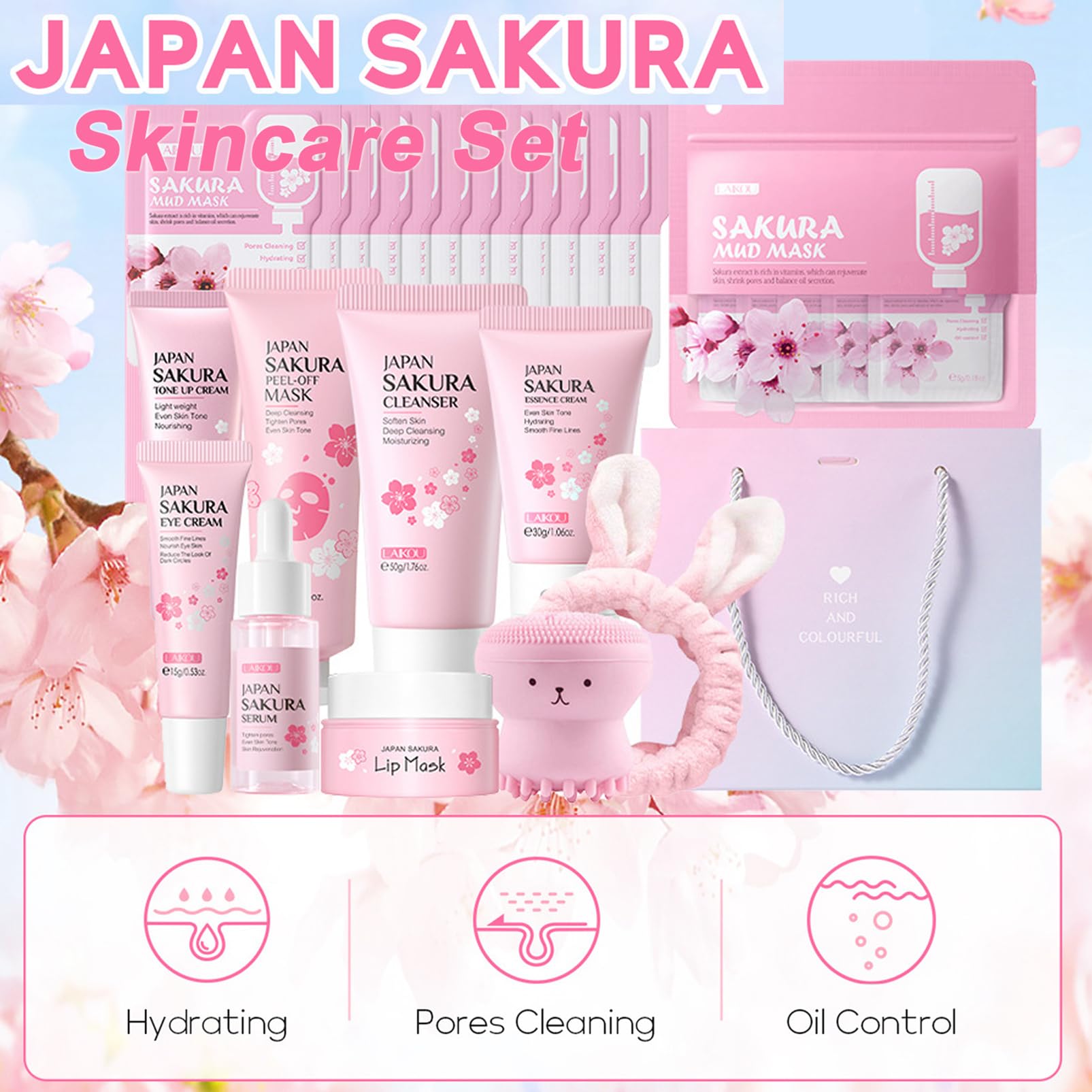 Skin Care Set Sakura Women Beauty Gift Sets Korean Skin Care Kit- Cleanser,Serum,Face Cream,Toner,Eye Cream,Mud Mask-Skin Care Routine Kit (One Size, Cherry Blossom-StyleB-Luxury Moisturizing)