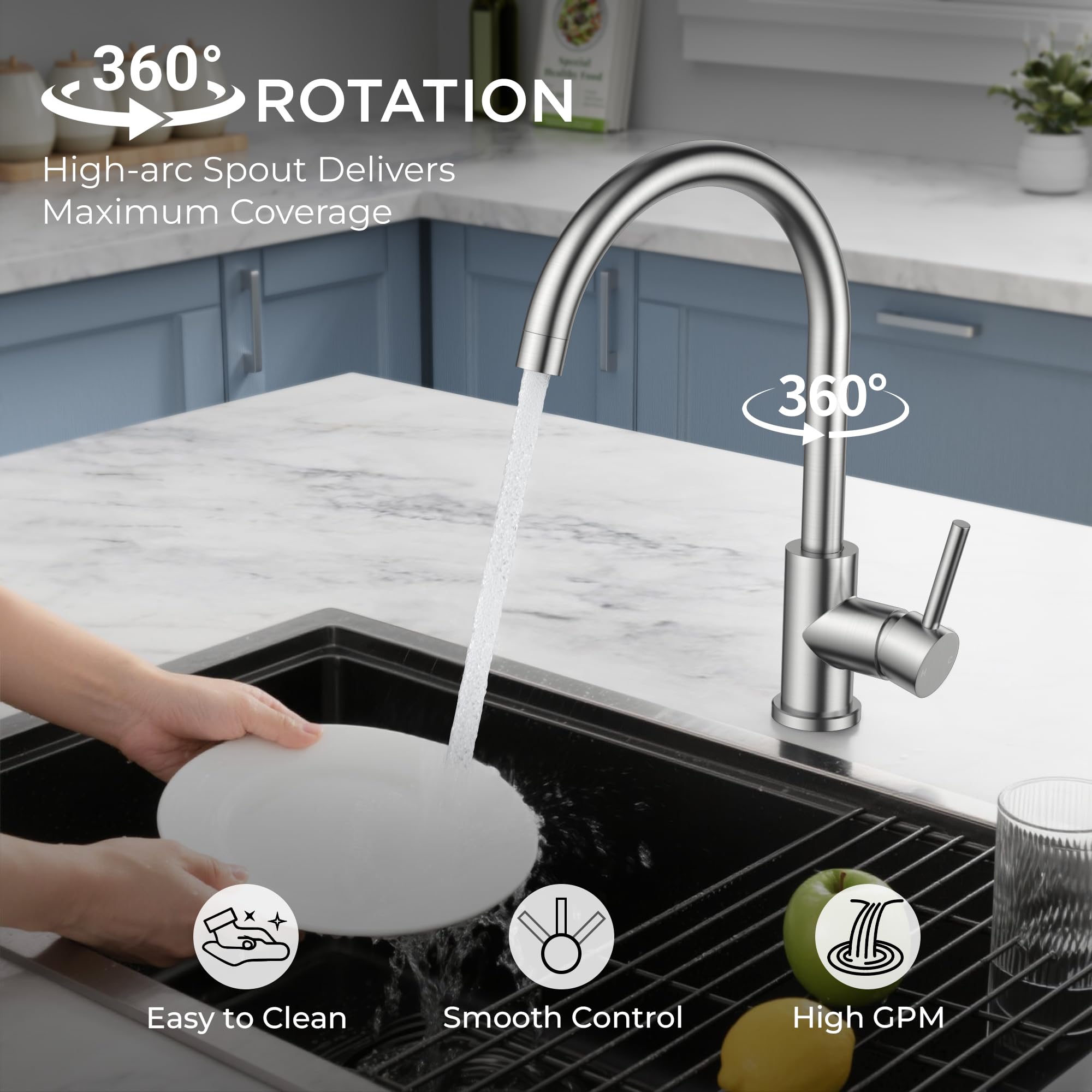 FORIOUS Kitchen Faucet, Brushed Nickel Commercial Modern Single Handle Faucet for Kitchen Sink, Stainless Steel High Arc with Deck Plate for 1 or 3 Hole, Suitable for Bar RV Camper Outdoor
