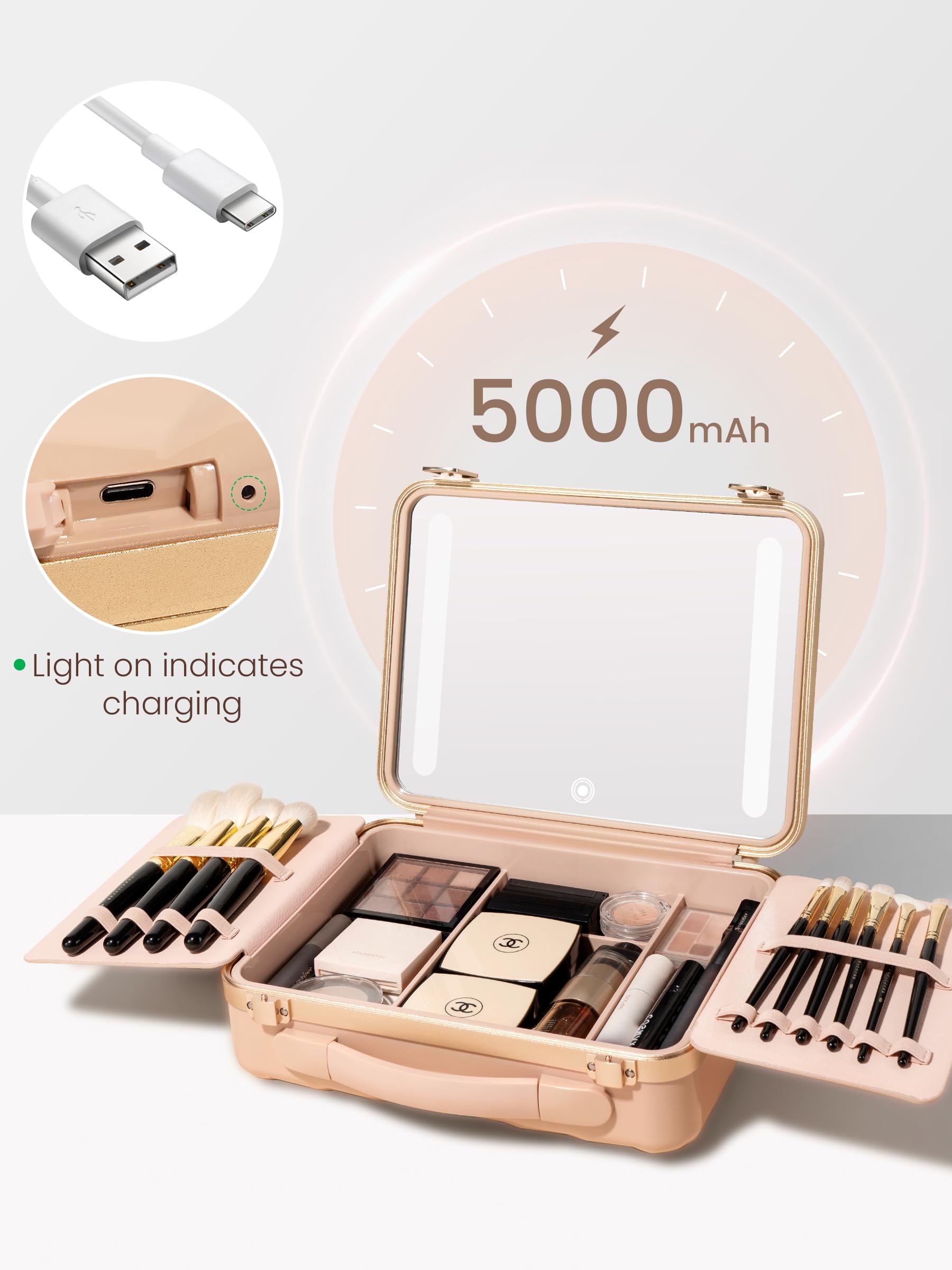 ROWNYEON Light Up Travel Makeup Case With Mirror - Portable Makeup Organizer and Train Case for Makeup Artists and Girls (Pink)