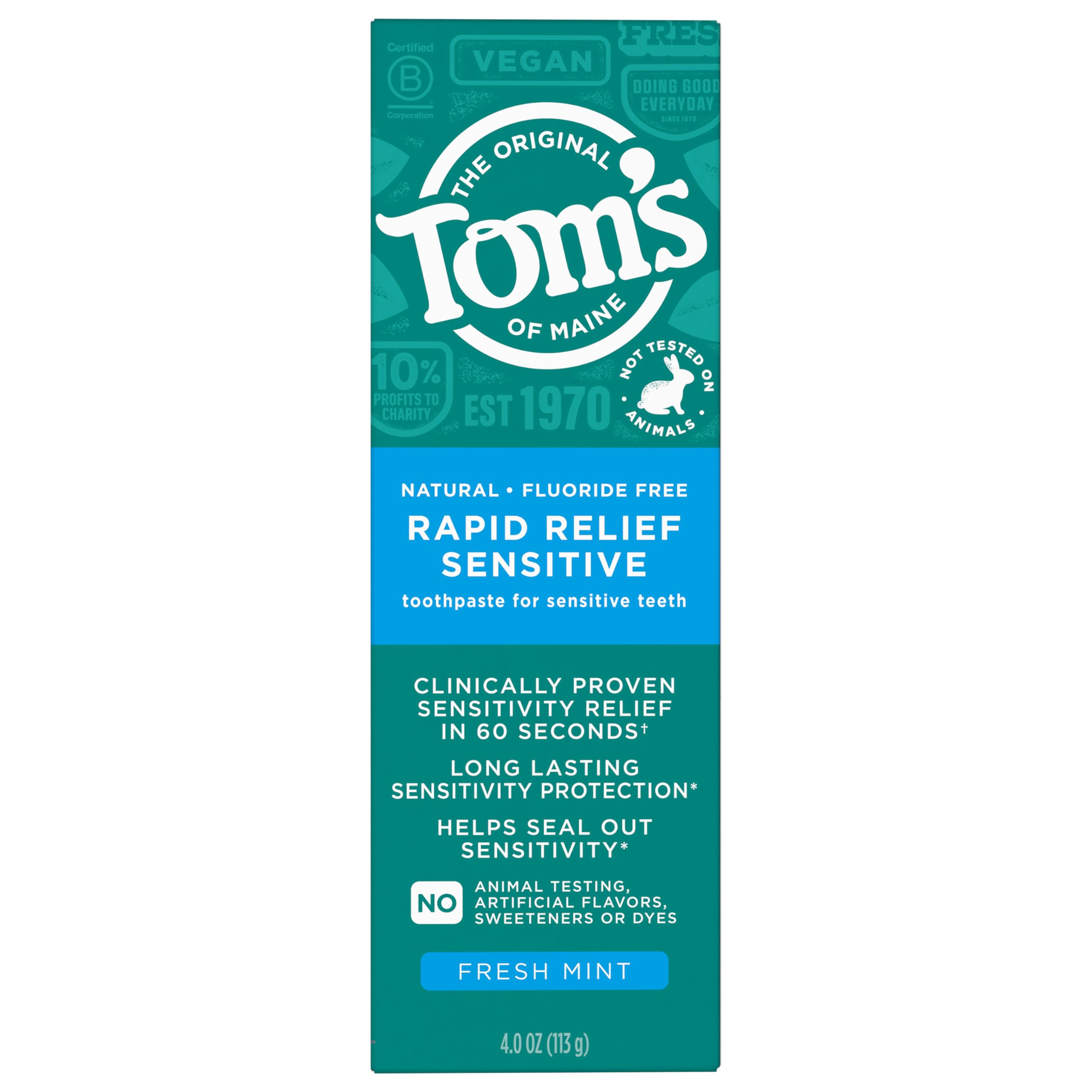 Tom's of Maine Fluoride-Free Rapid Relief Sensitive Toothpaste, Fresh Mint, 4 oz. 3-Pack (Packaging May Vary)